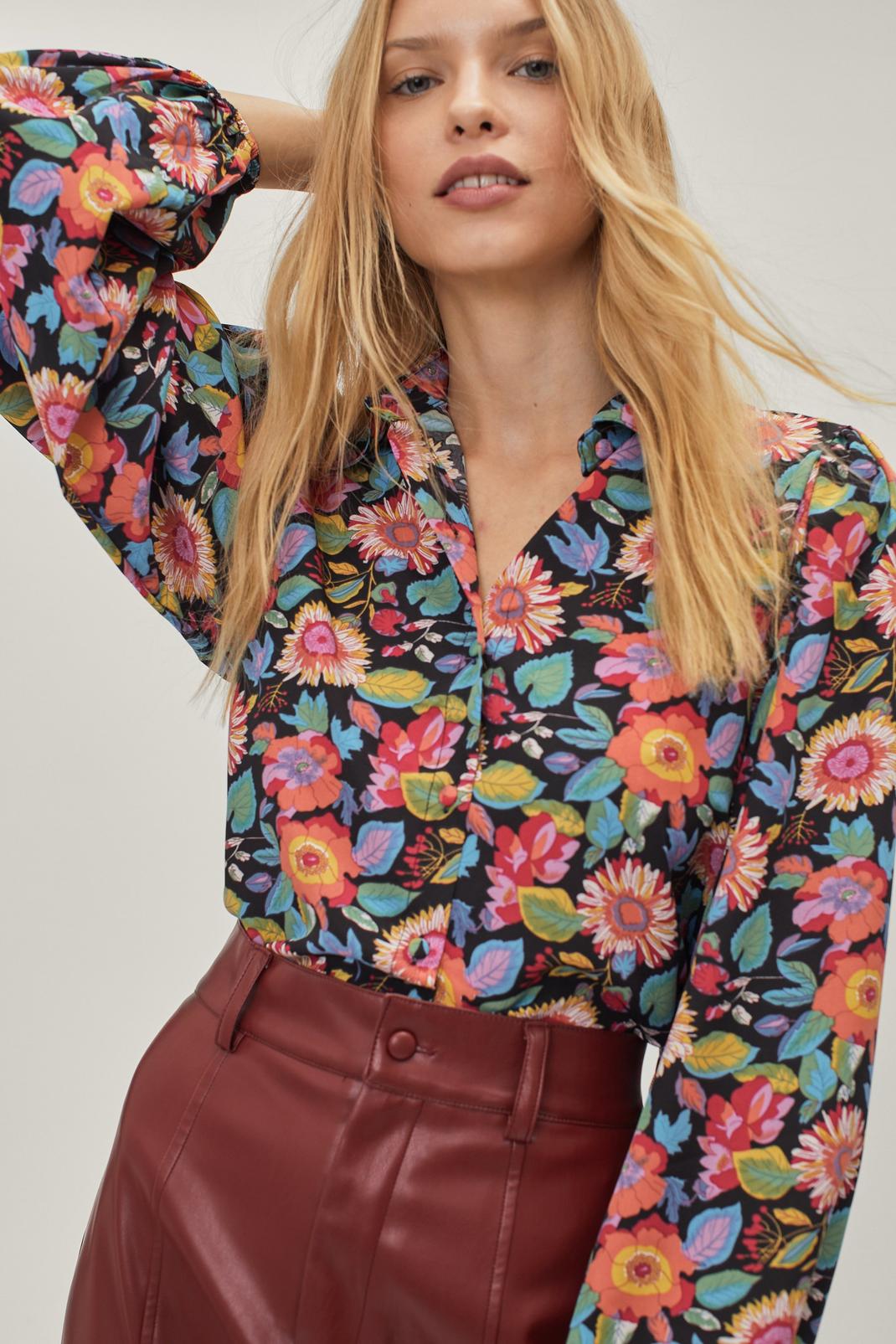 Chemise boutonnée à imprimé floral, Black image number 1