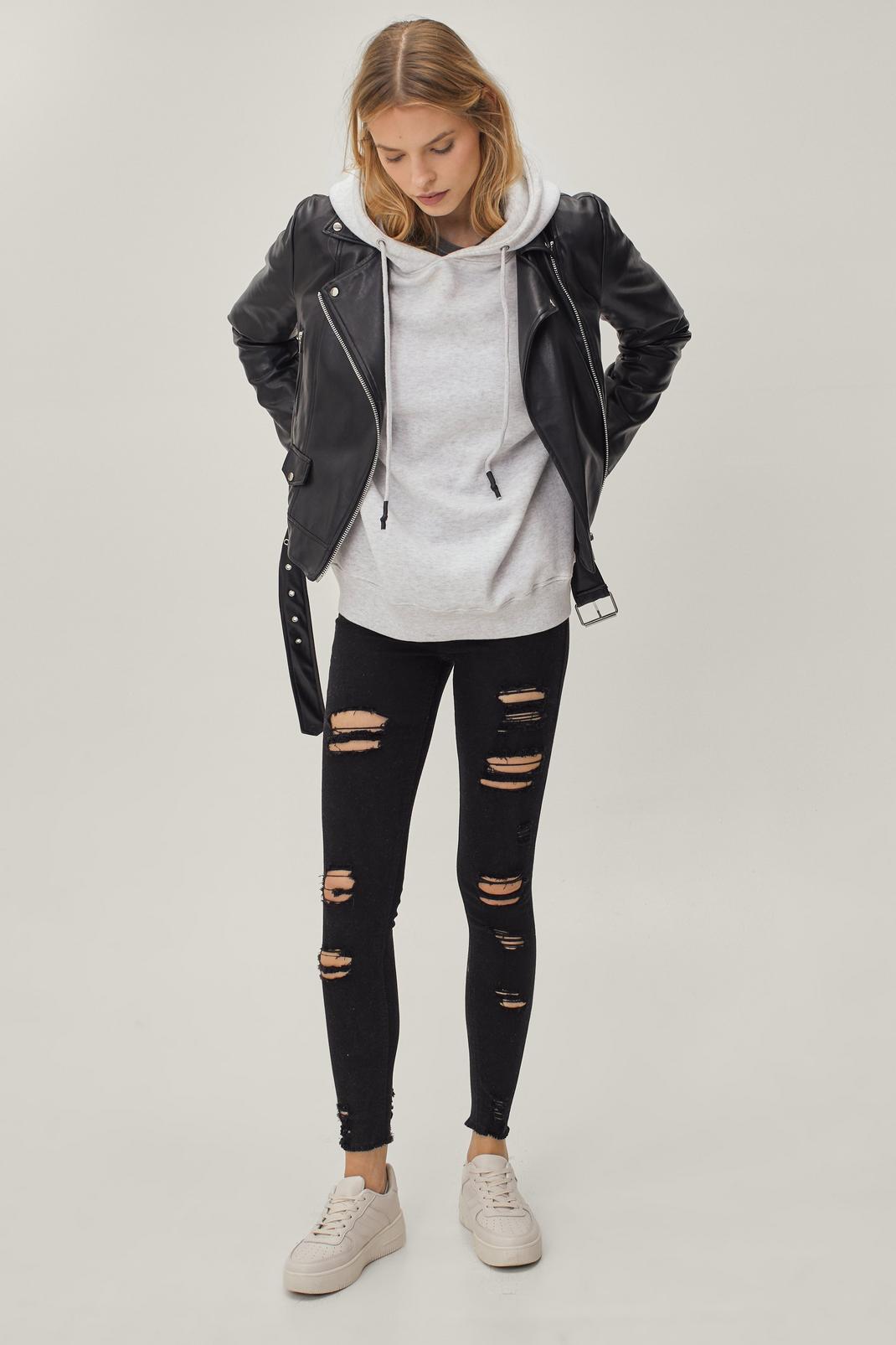 Black Button Front Ripped Skinny Denim Jeans image number 1