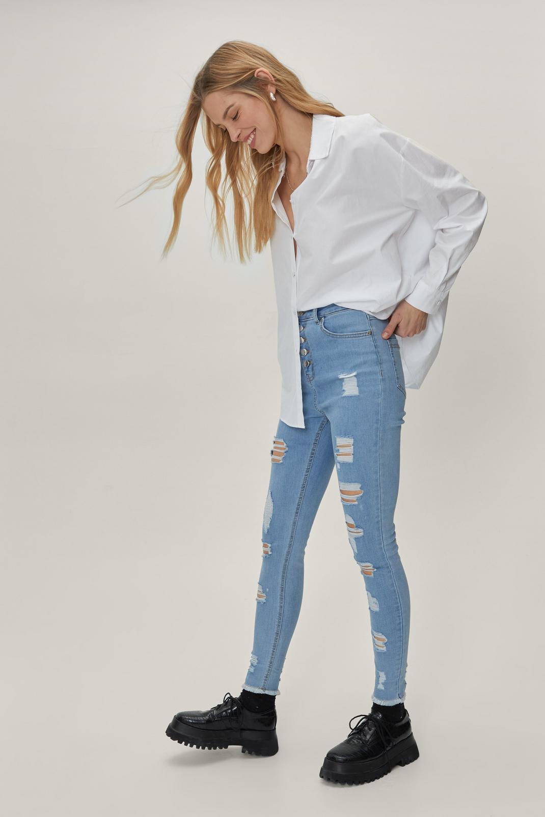 Light blue Button Front Ripped Skinny Denim Jeans image number 1