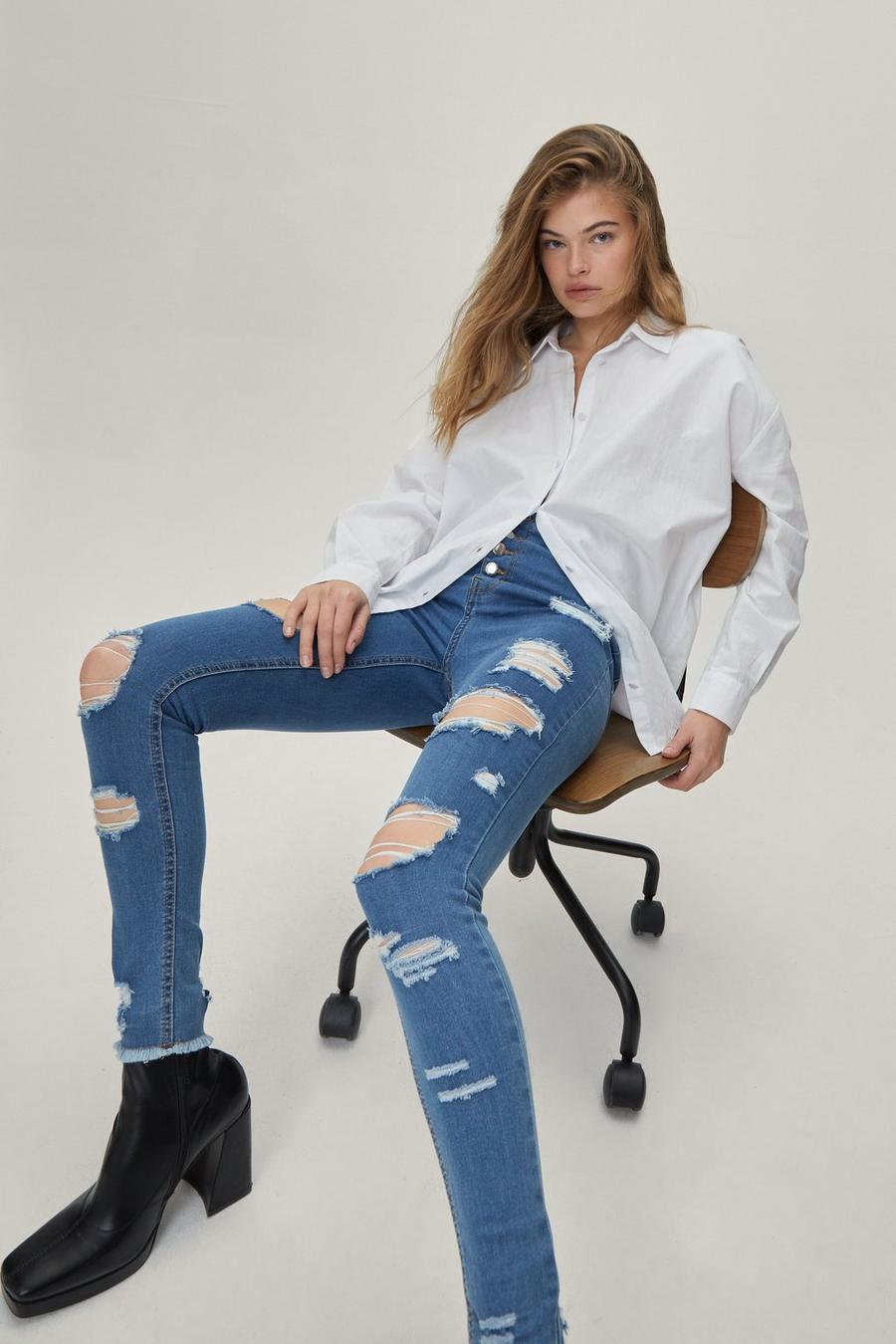 Recycled Button Front Ripped Skinny Denim Jeans