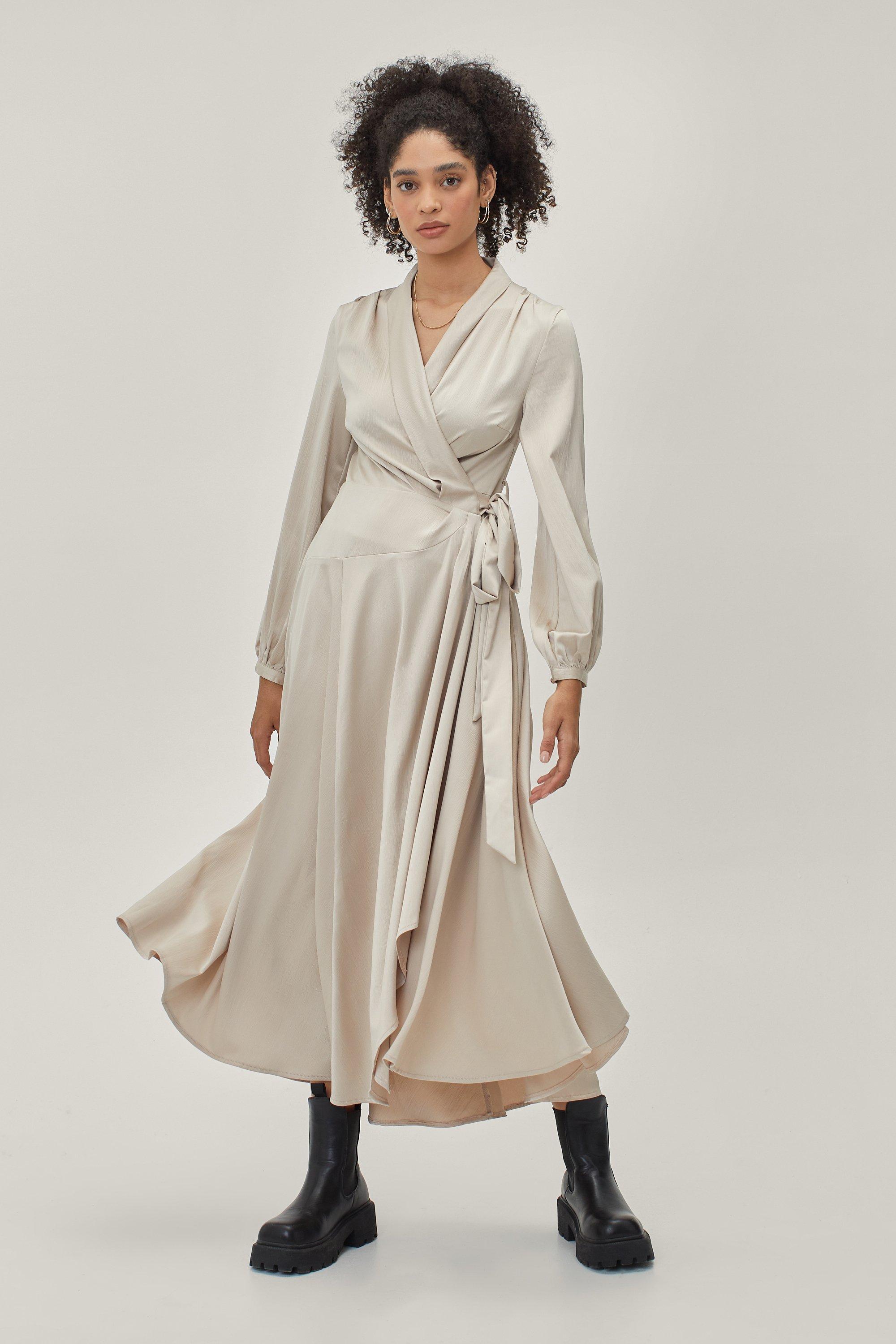 Satin Wrap High Low Hem Midi Dress