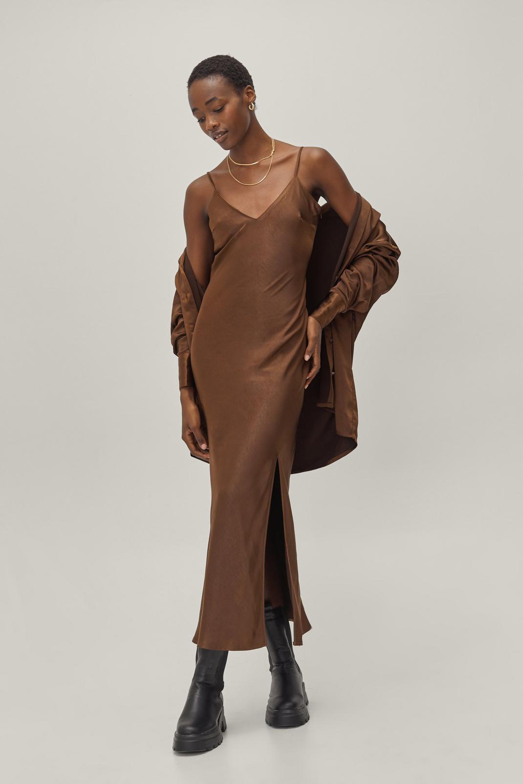 Chocolate Premium Satin Bias Midaxi V Neck Two Piece Set Dress image number 1