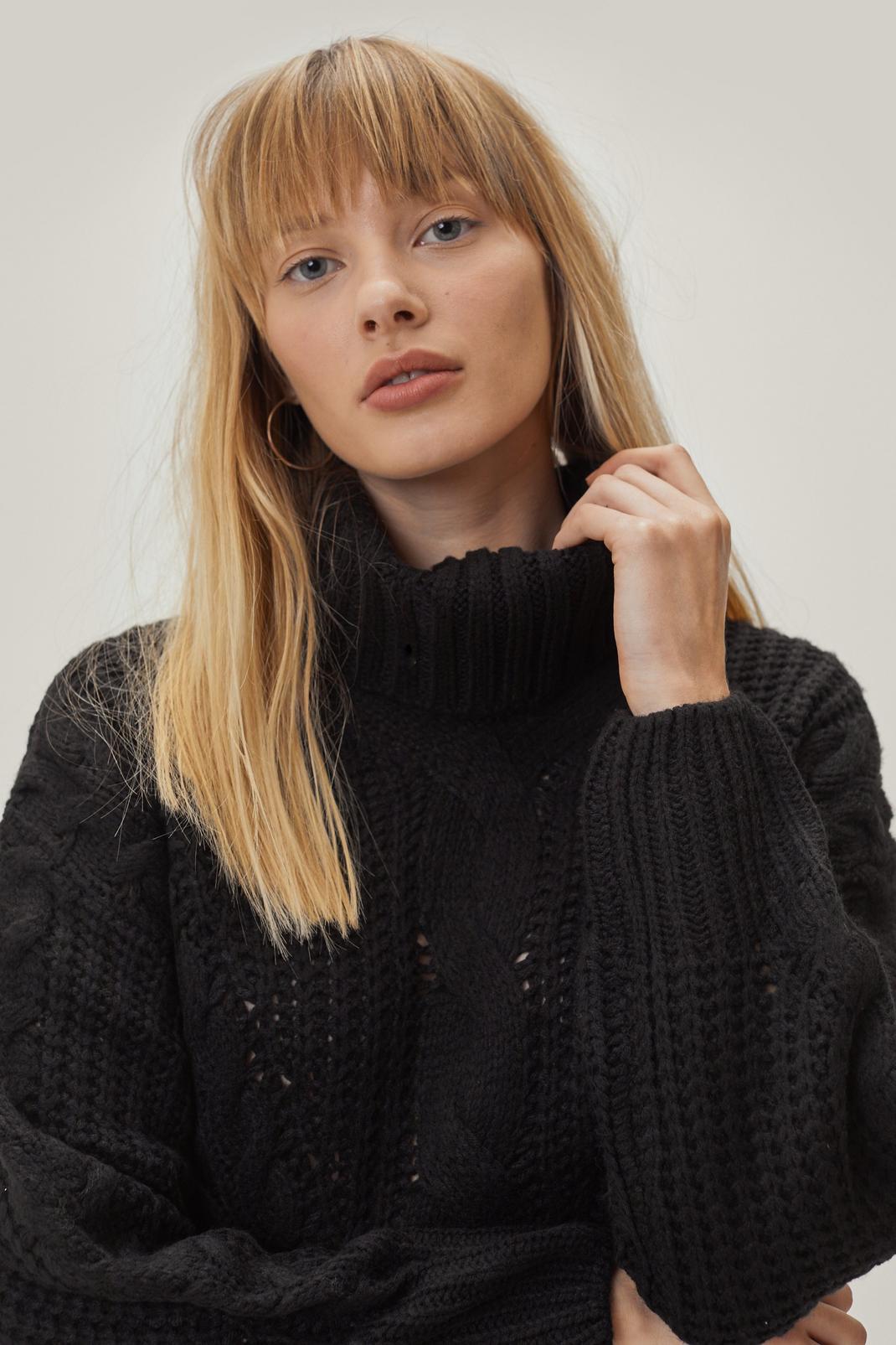 Black Oversized Knitted Roll Neck Cable Jumper image number 1