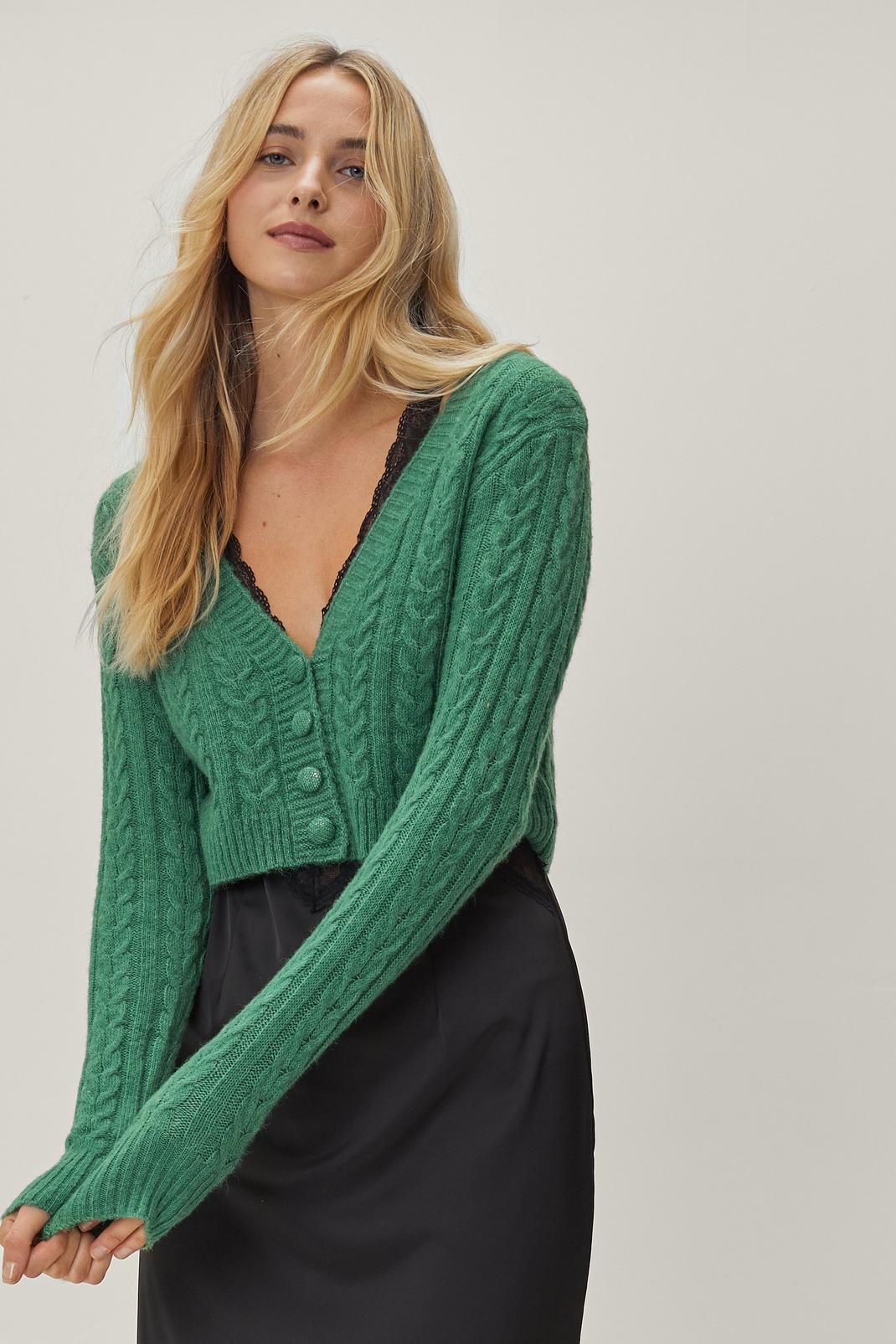 Green Cable Stitch V Neck Cropped Cardigan image number 1