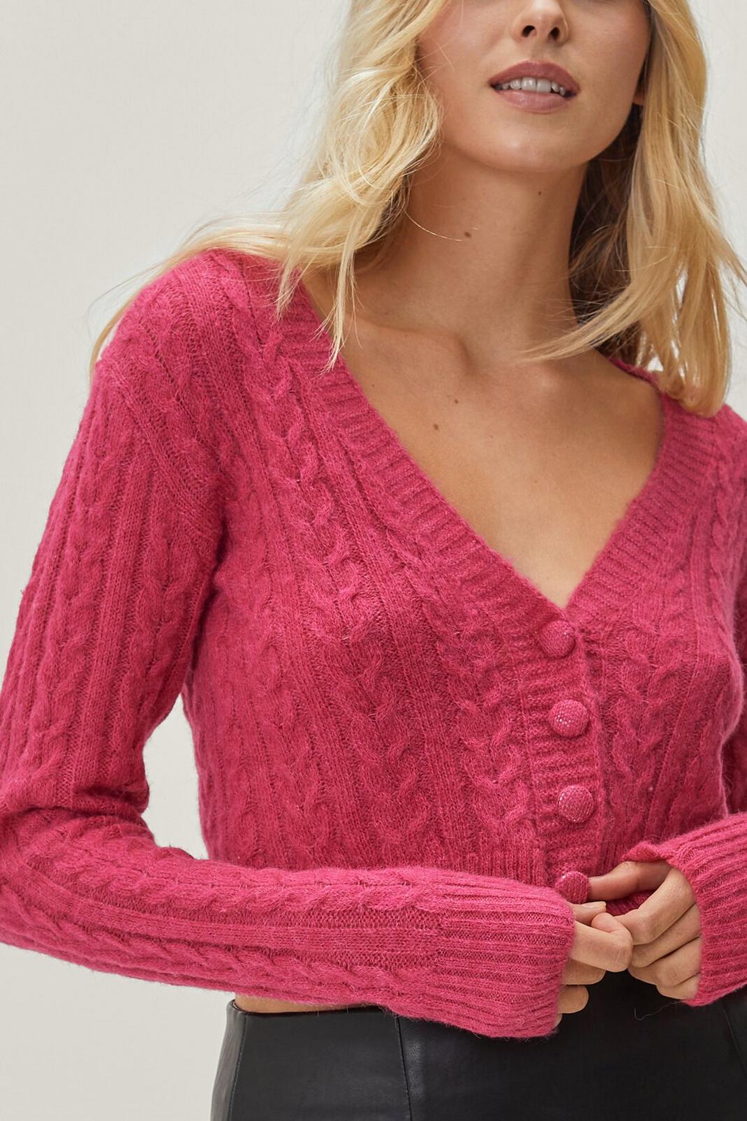 Pink Cable Stitch V Neck Cropped Cardigan image number 1
