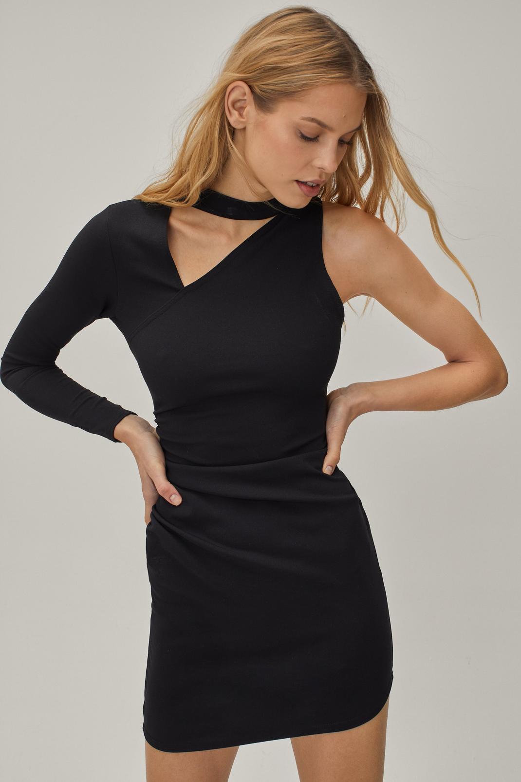 Black One Shoulder High Neck Mini Dress image number 1