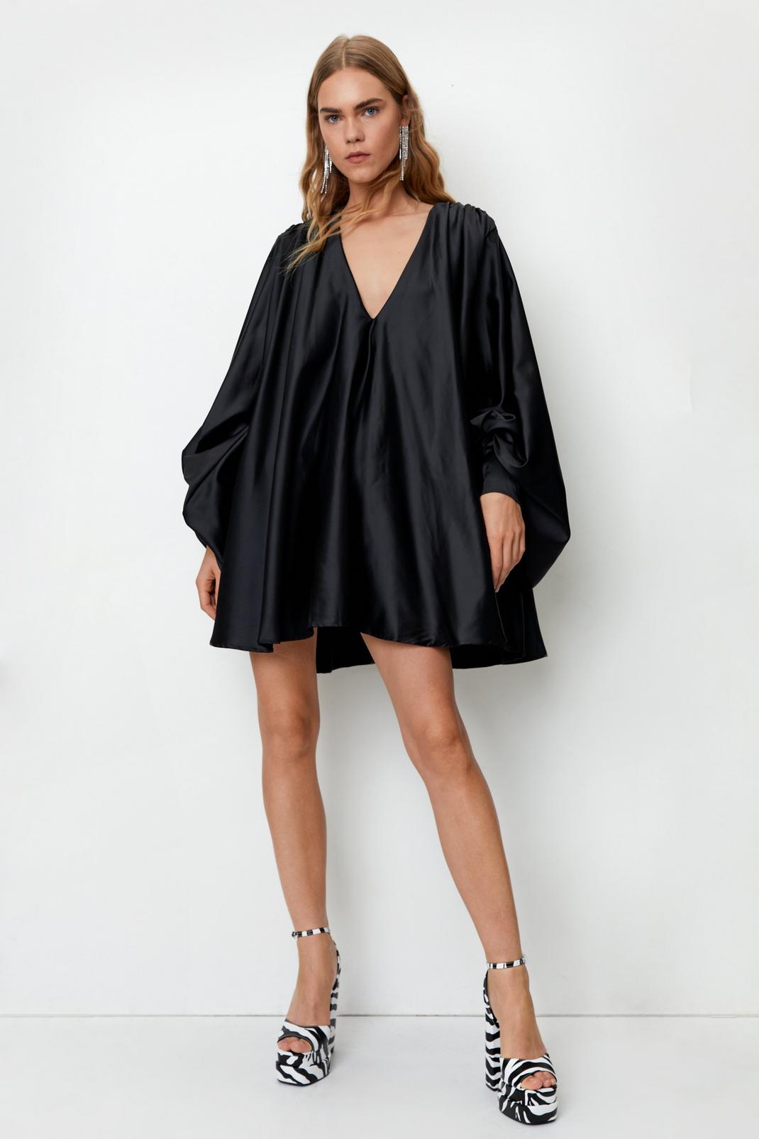 Black Plunge Extreme Batwing Sleeve Mini Dress image number 1