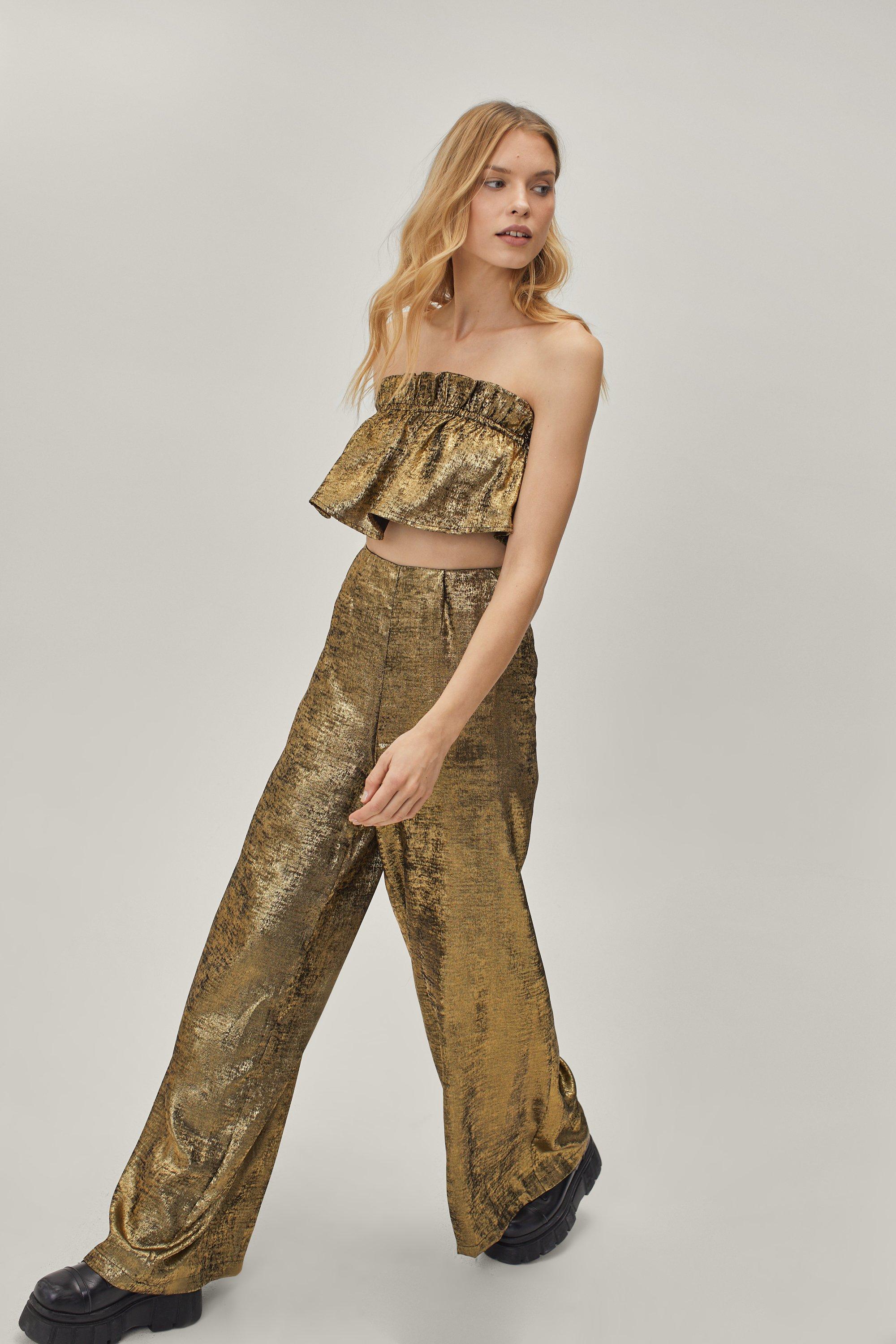 Metallic wide outlet leg trousers