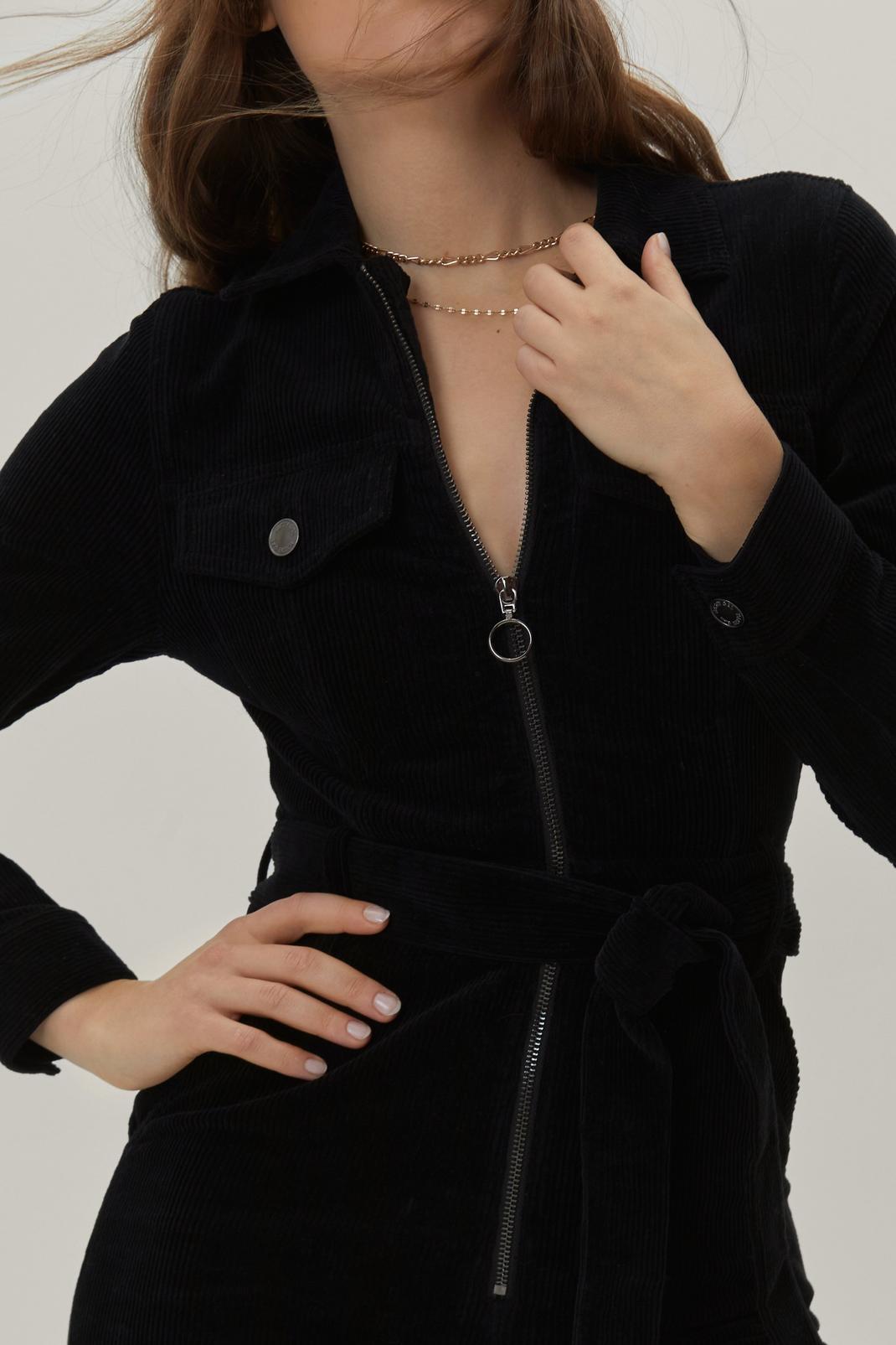 Black Cord Long Sleeve Zip Front Jumpsuit image number 1