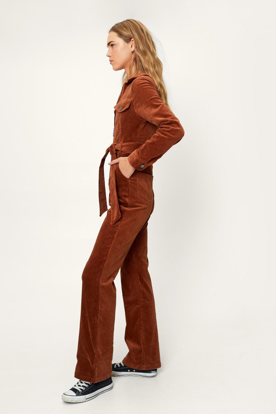 Tan Cord Long Sleeve Zip Front Jumpsuit image number 1