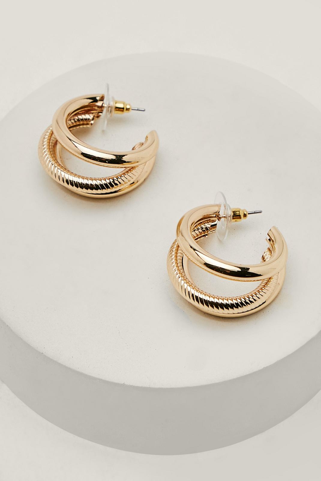 Gold Recycled Metal Textured Triple Hoop Earrings image number 1