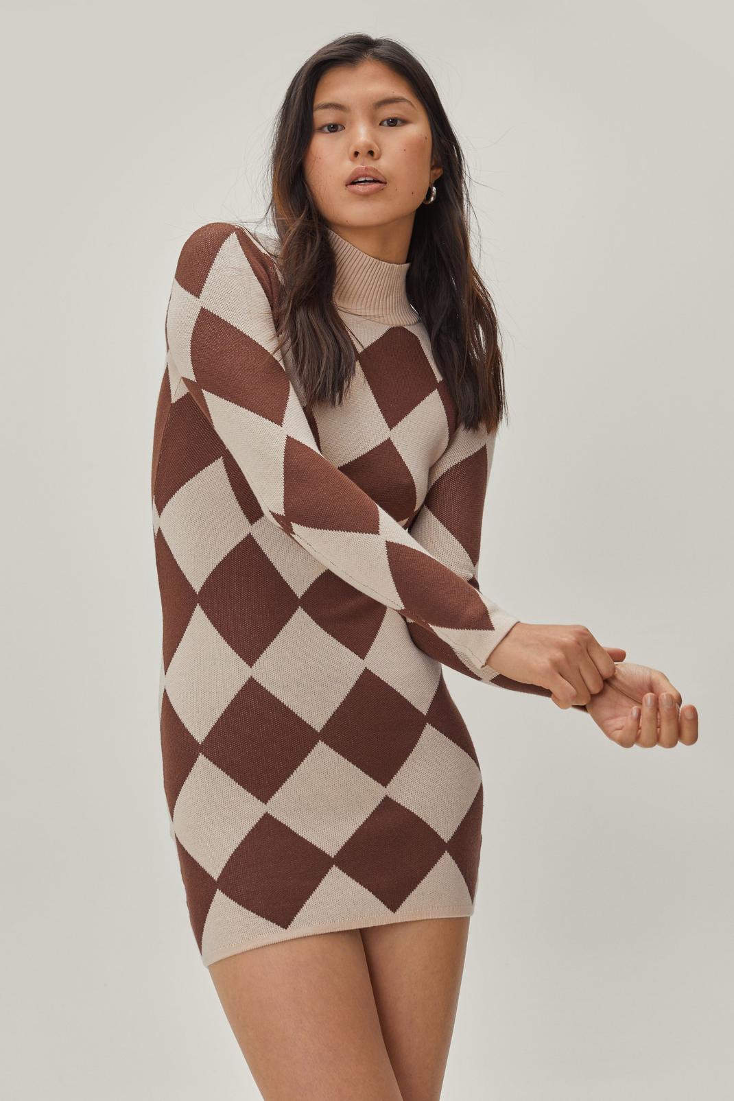 186 Harlequin Print Mini Bodycon Sweater Dress image number 1