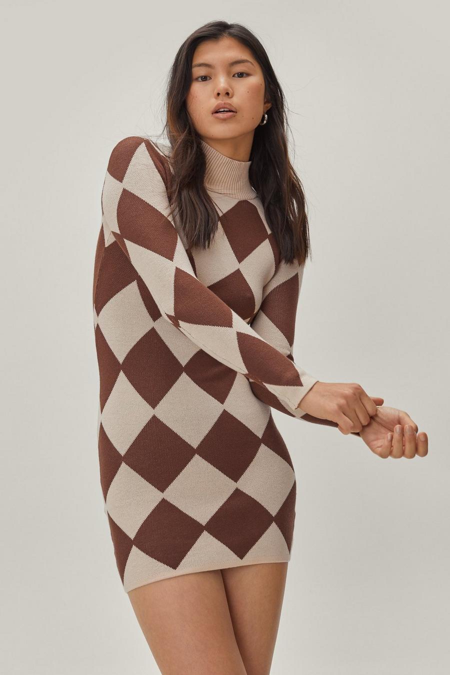 Harlequin Print Mini Bodycon Sweater Dress
