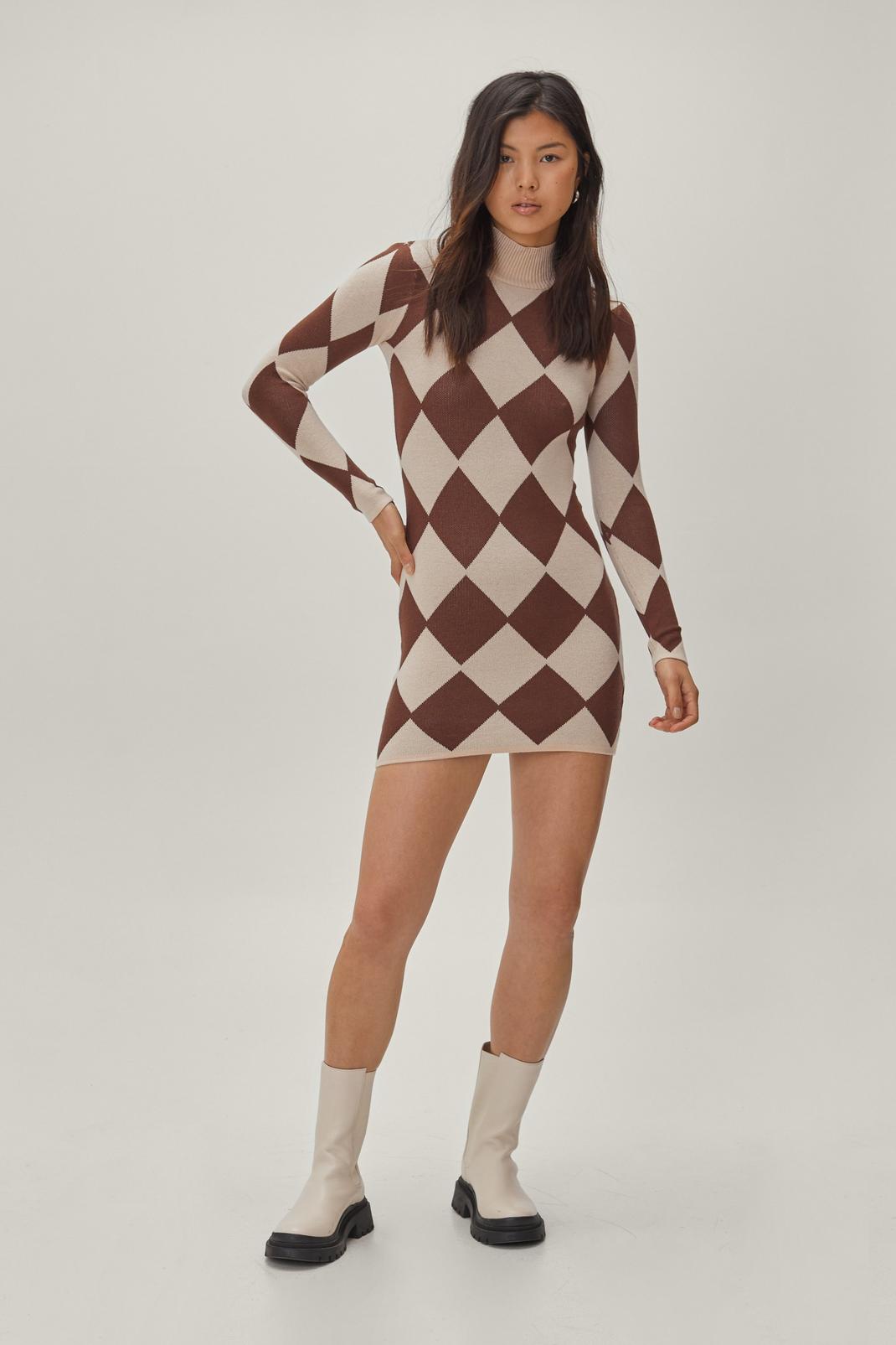 186 Harlequin Print Mini Bodycon Sweater Dress image number 2
