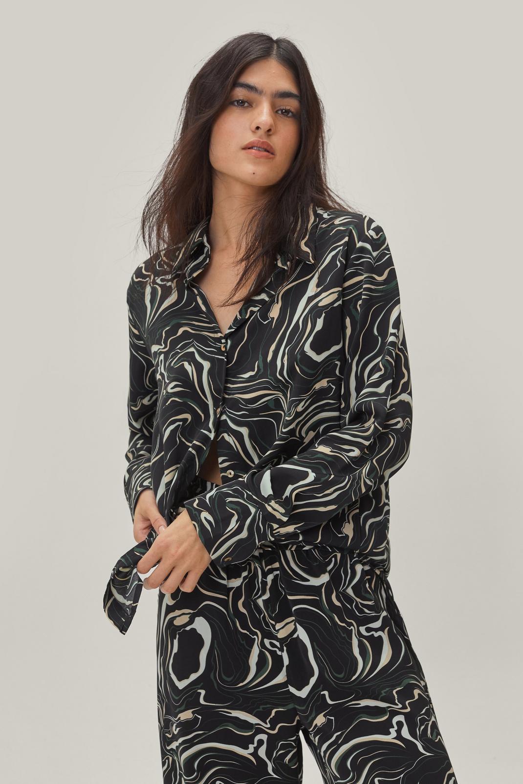 Black Abstract Marble Print Oversized Shirt image number 1