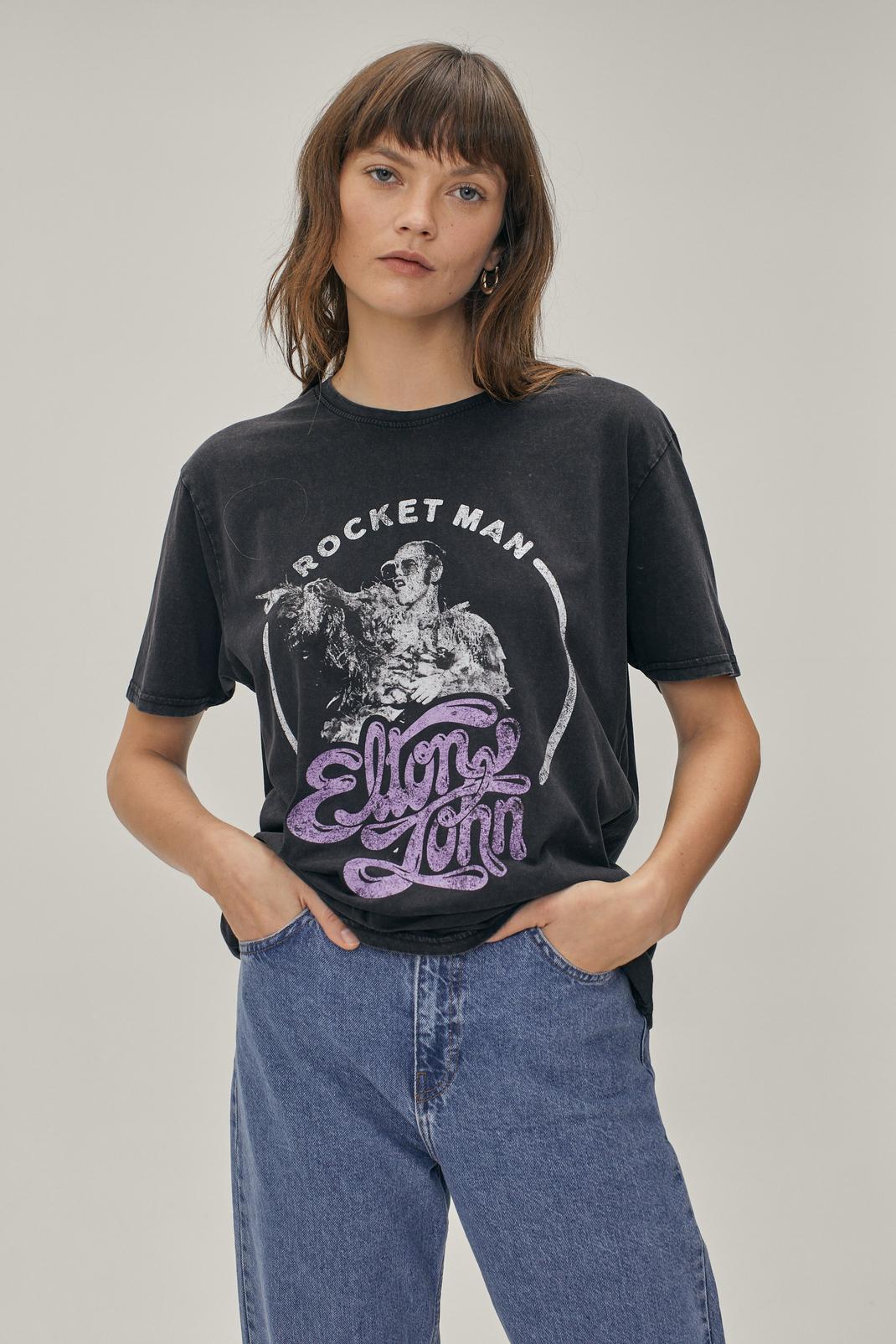 Elton John Rocket Man Acid Wash T-shirt, Washed black image number 1