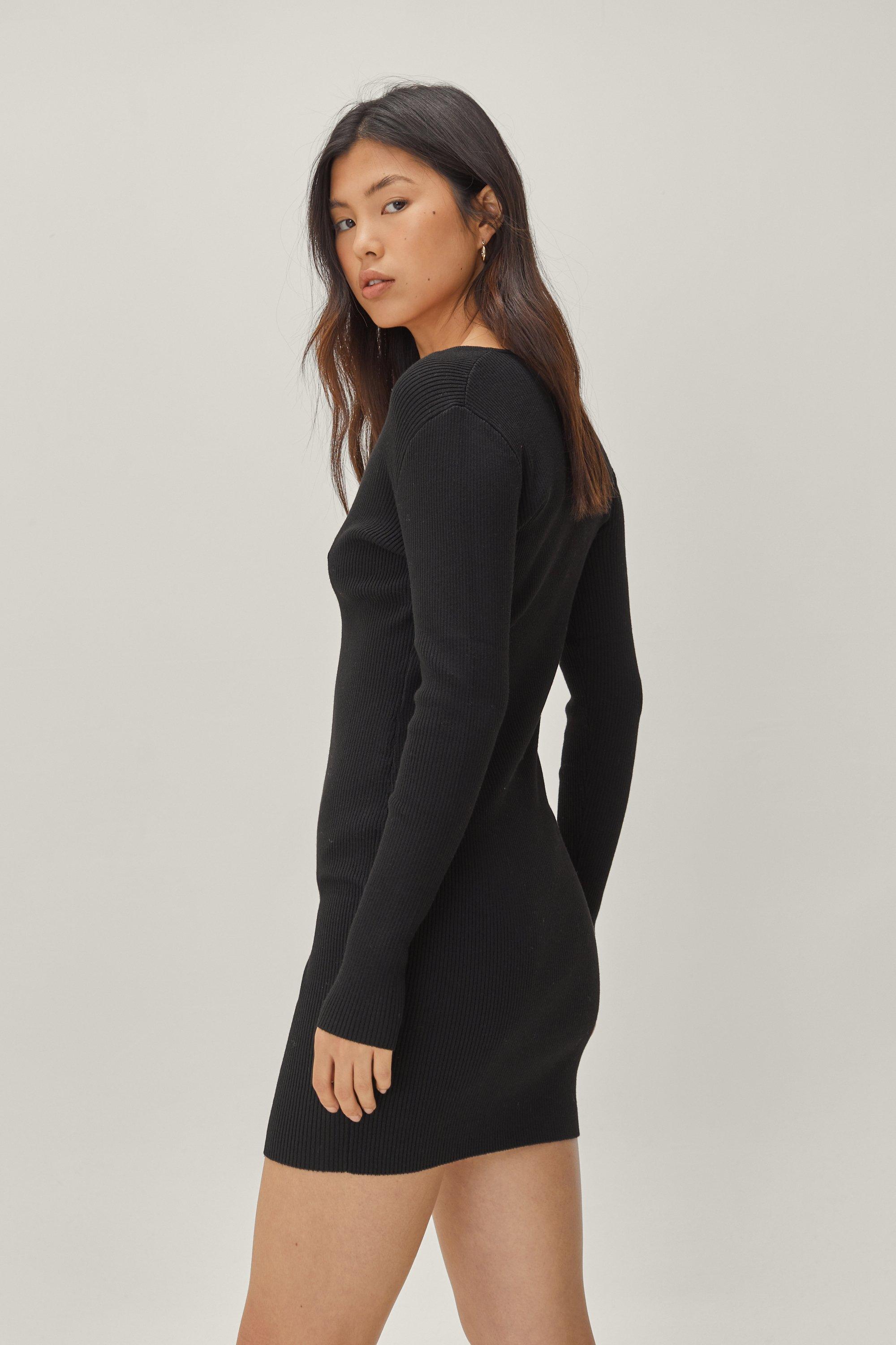 Black Long Sleeve Bodycon Dress With Diamante Detail –