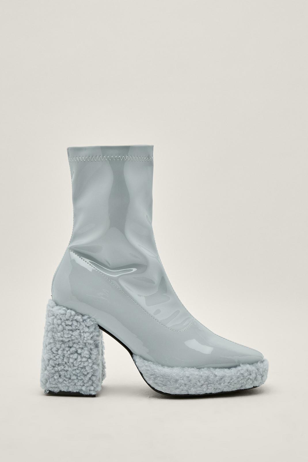 Baby blue Patent Faux Fur Platform Sock Boots image number 1