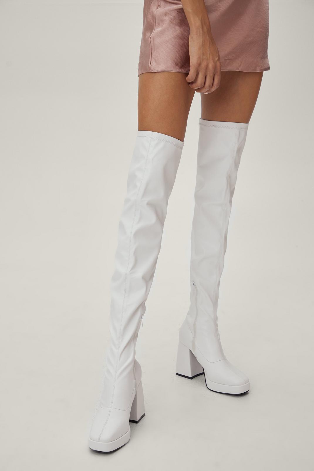 White Faux Leather Thigh High Platform Boots image number 1