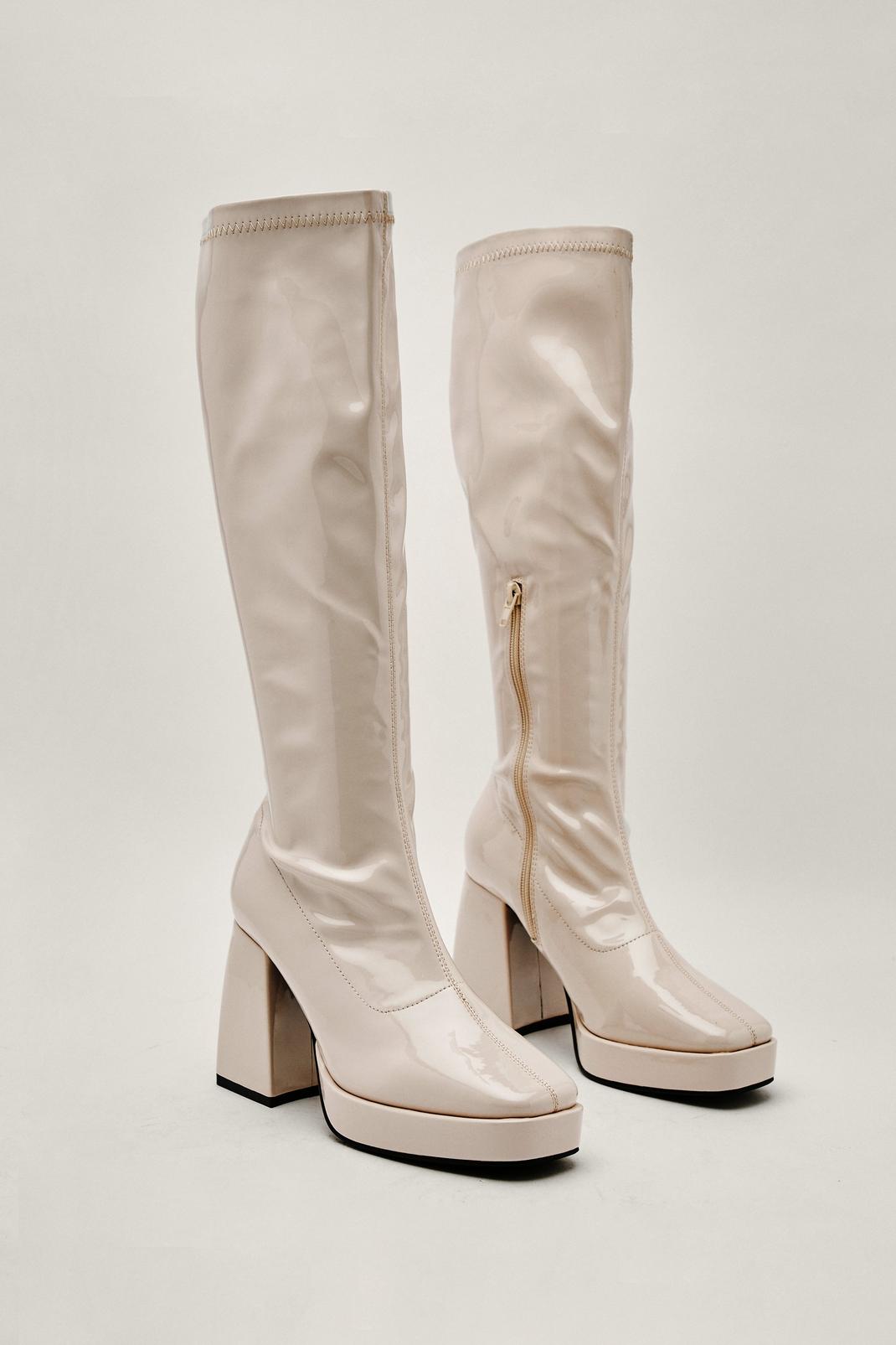 Light beige Patent Faux Leather Knee High Platform Boots image number 1