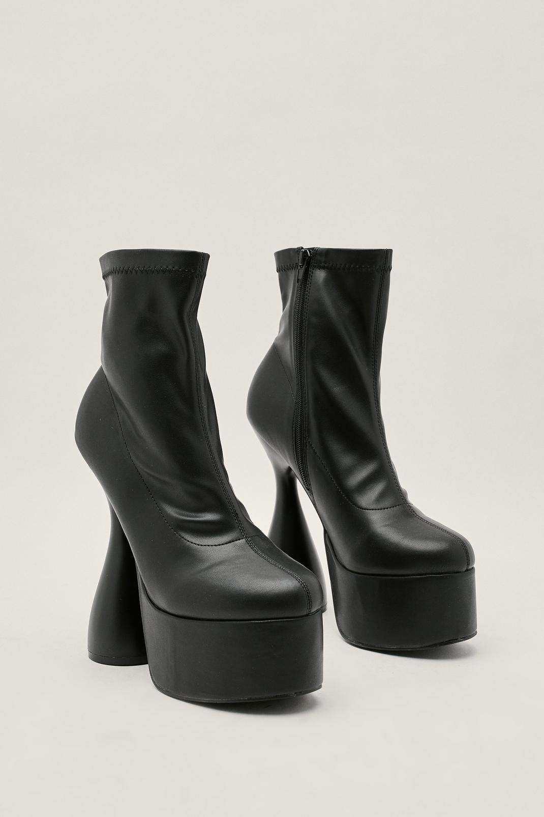 Black Faux Leather Spool Heel Platform Sock Boots image number 1