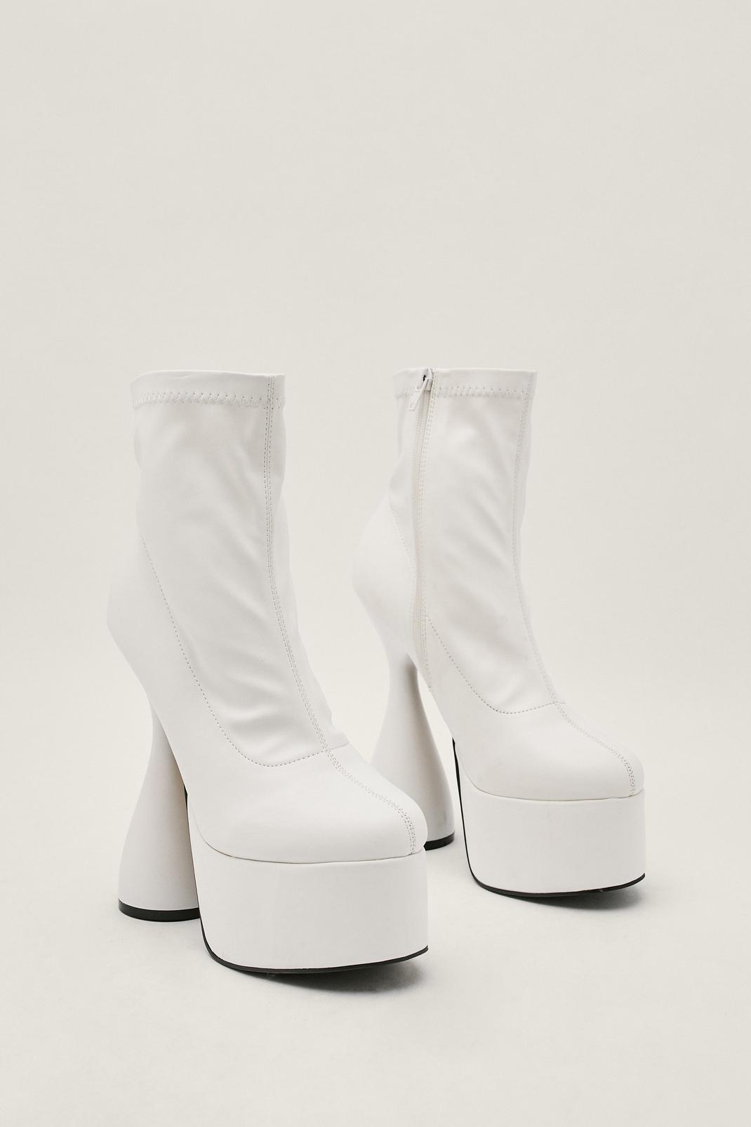 White Faux Leather Spool Heel Platform Sock Boots image number 1