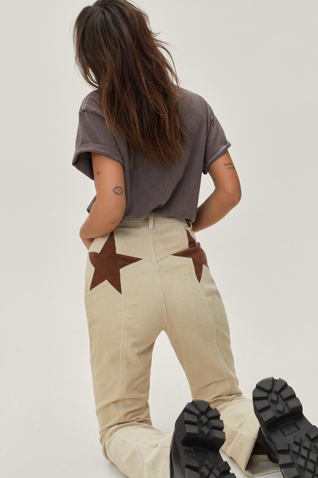 Ecru Corduroy High Waisted Flared Star Bum Trousers image number 1
