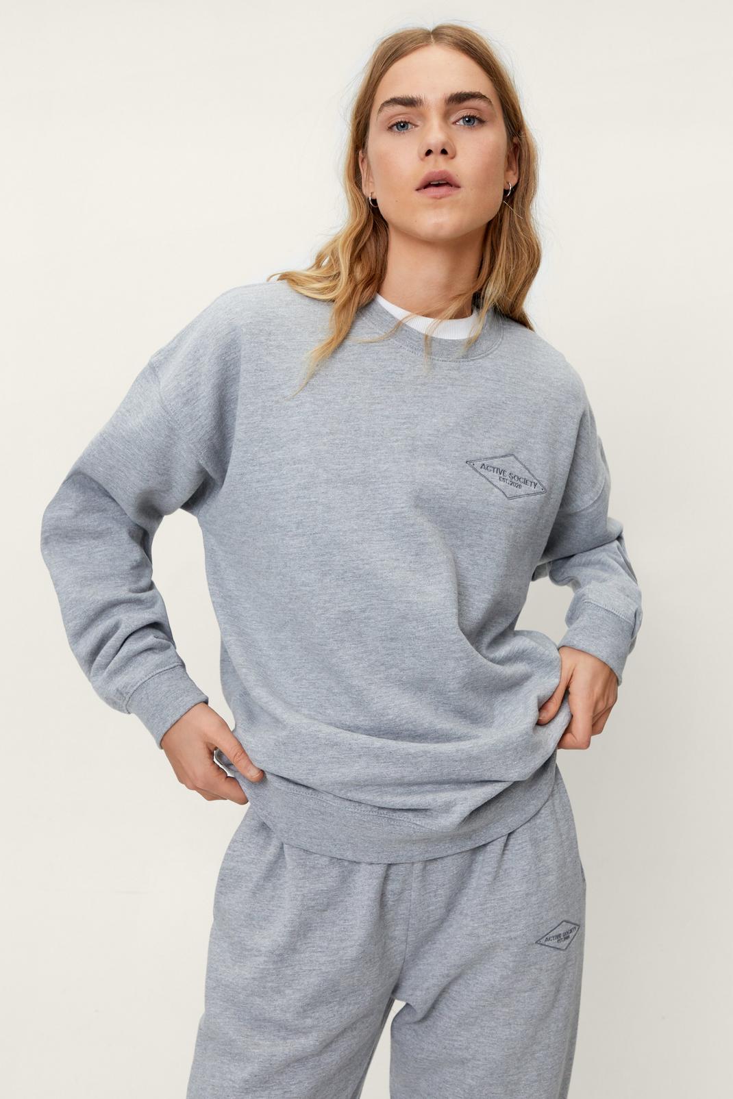Grey marl Active Society Embroidered Sweatshirt and Tracksuit Pants Set image number 1