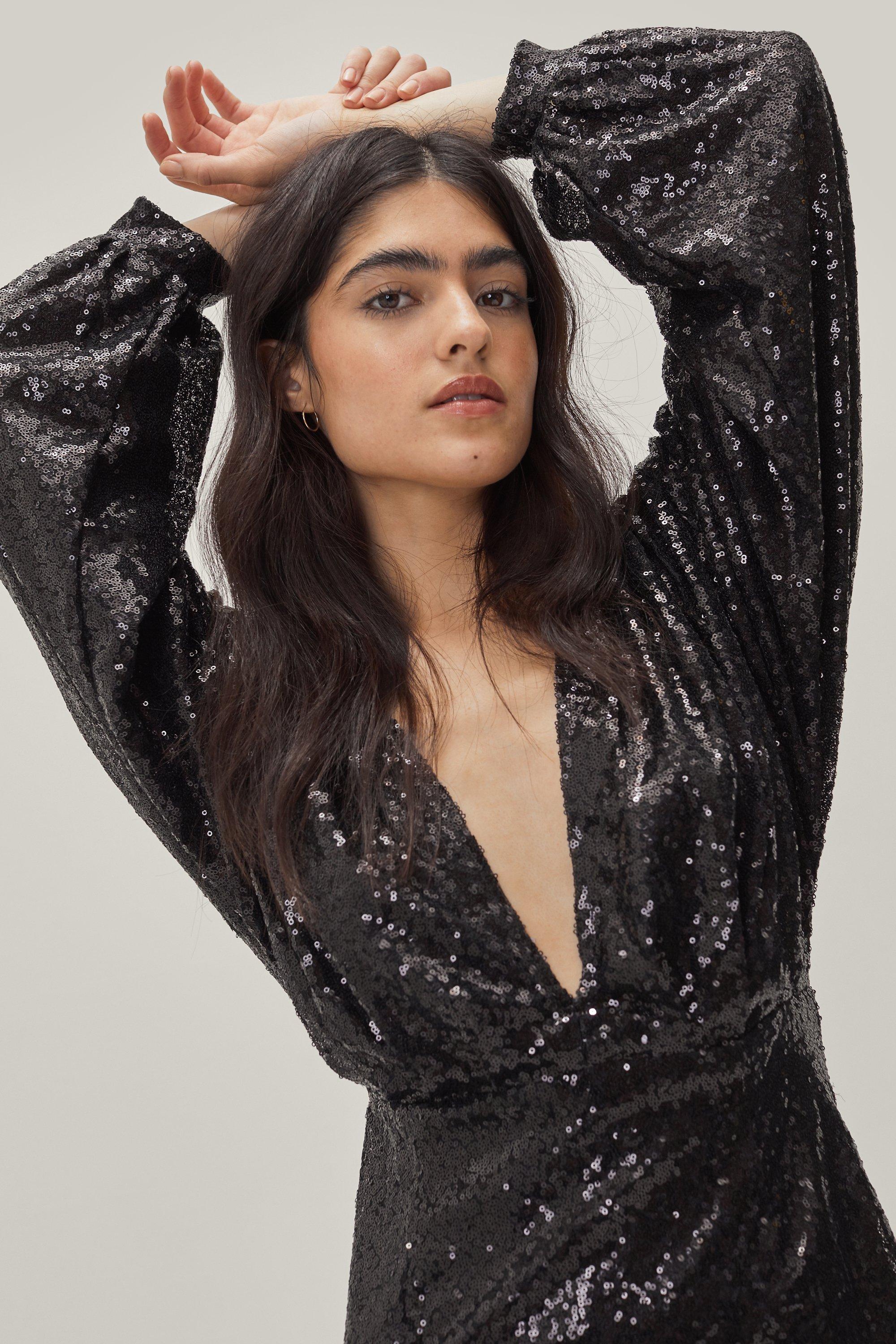 Sequin plunge outlet dress long sleeve