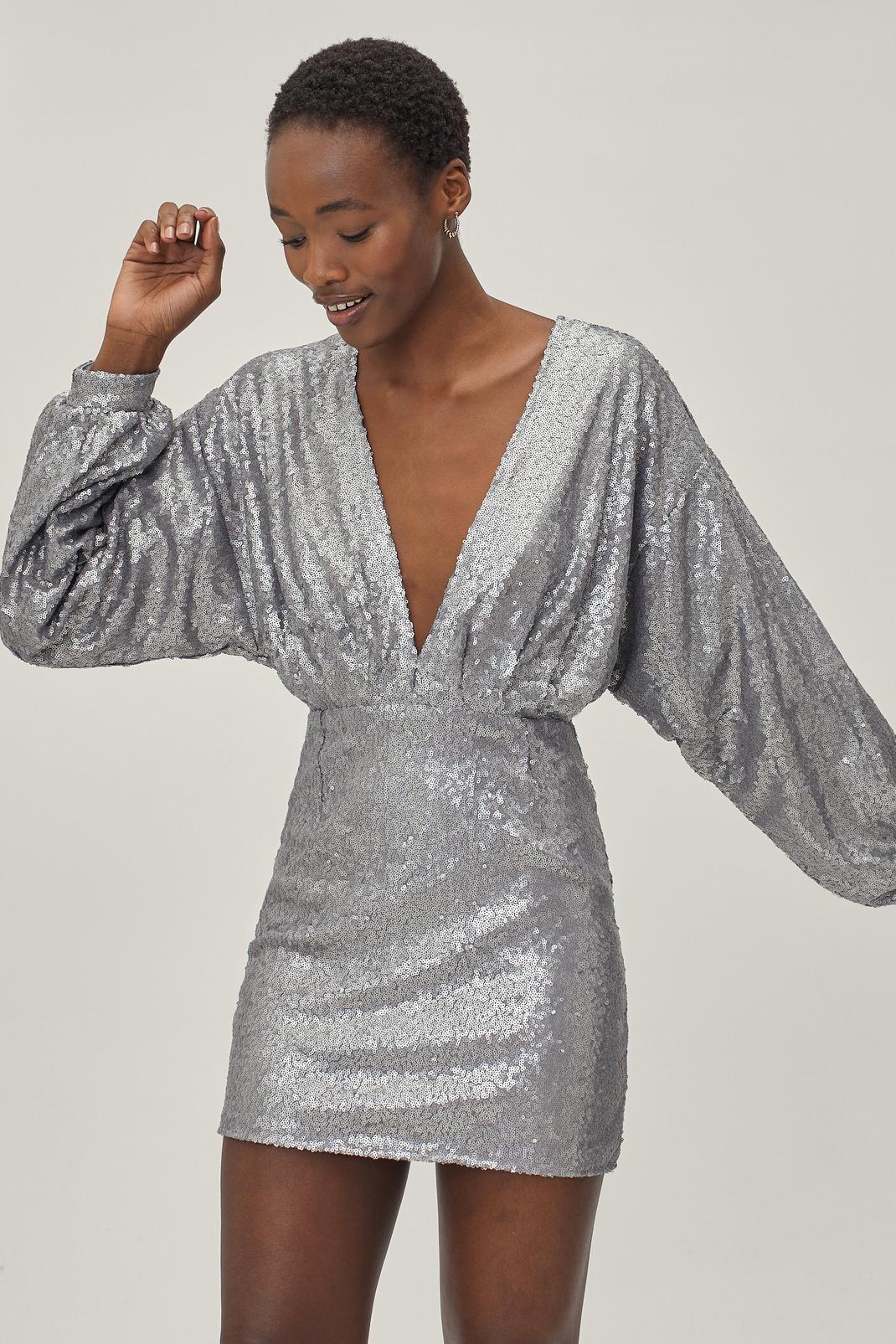 Silver Balloon Sleeve Sequin Plunge Mini Dress image number 1