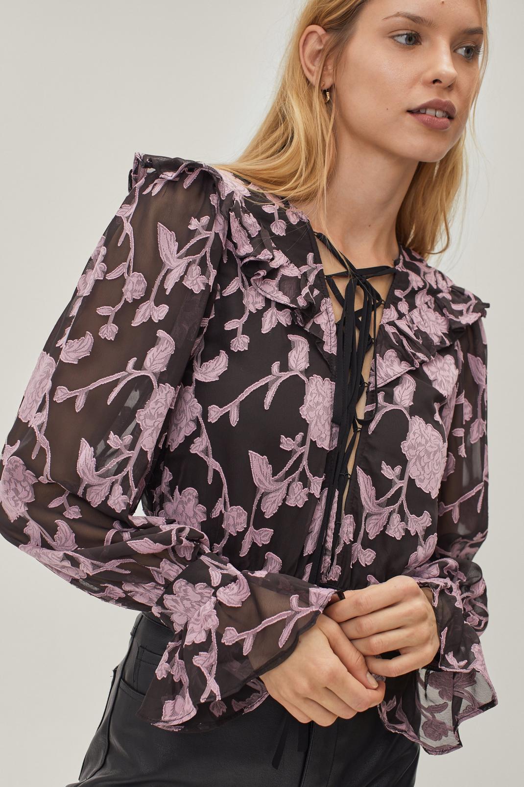 Body style blouse en velours dévoré à imprimé floral, Black image number 1