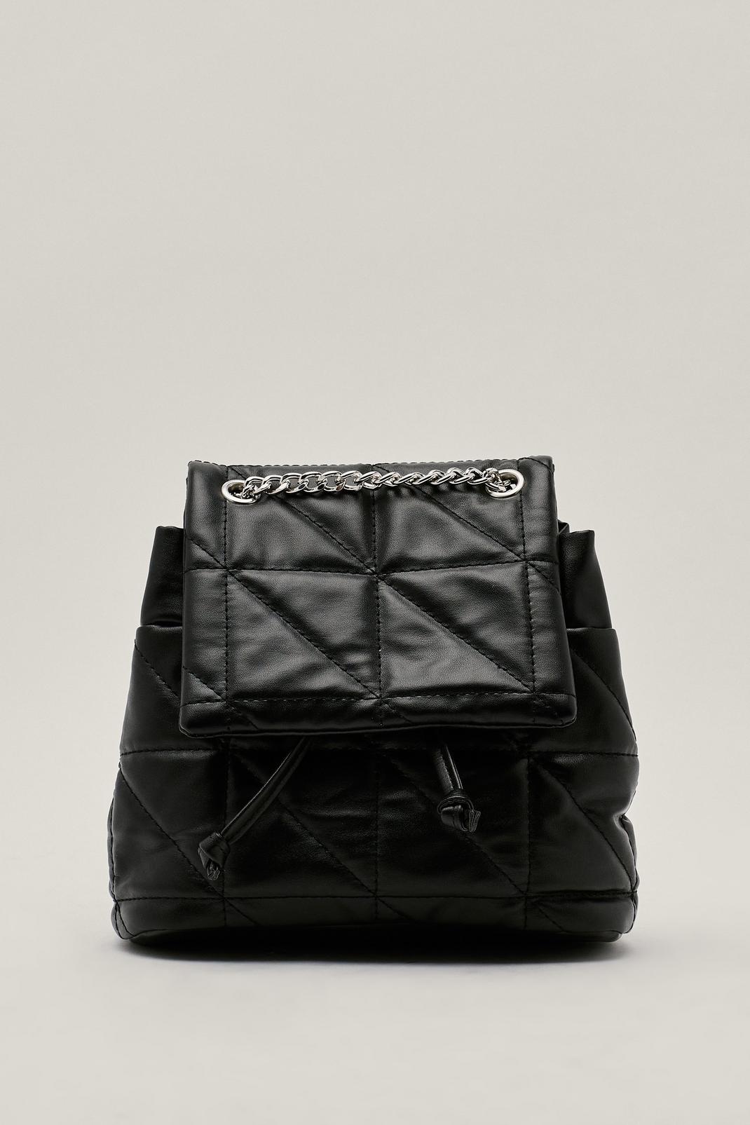 Black Faux Leather Padded Curb Chain Backpack image number 1