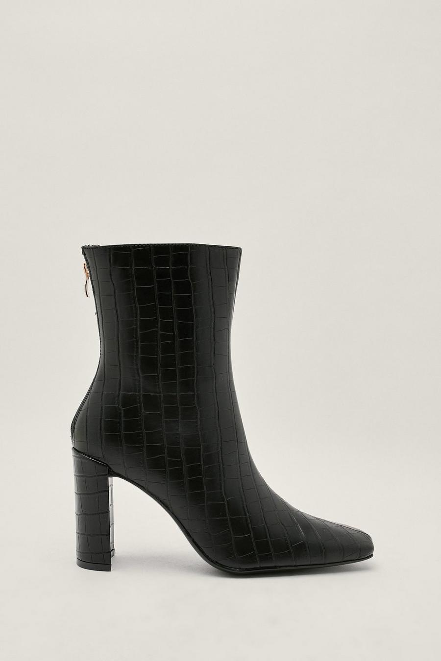 Faux Leather Croc Square Toe Ankle Boots
