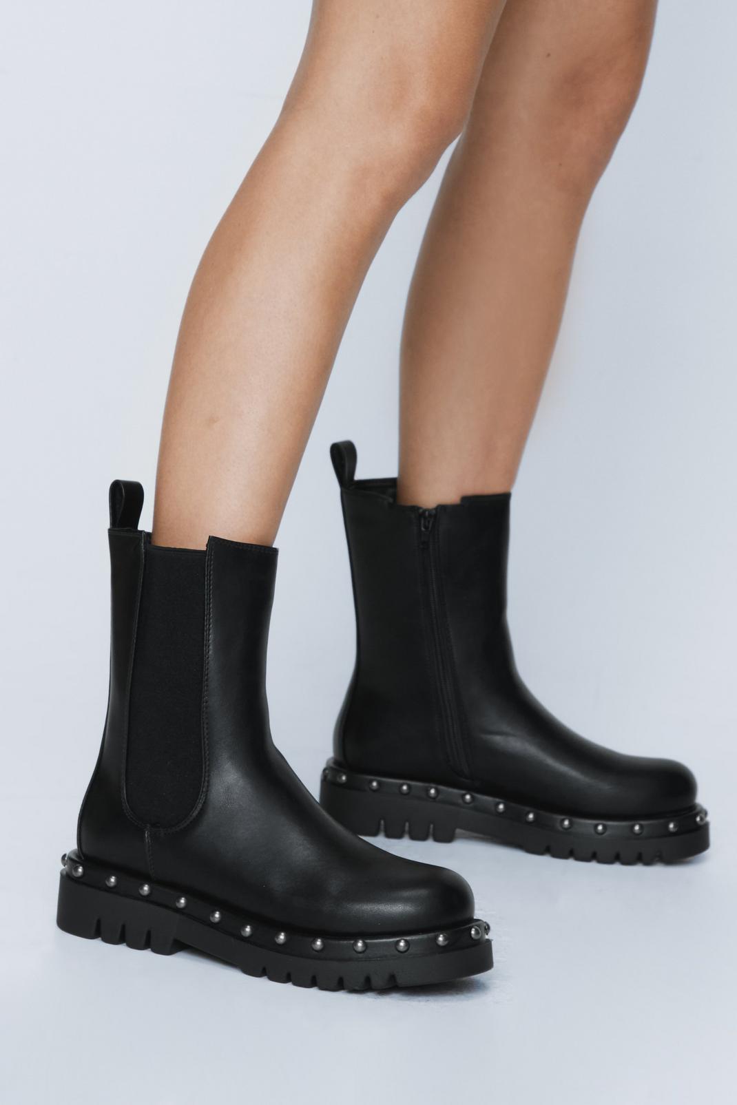 105 Faux Leather Studded Pull On Chelsea Boots image number 2