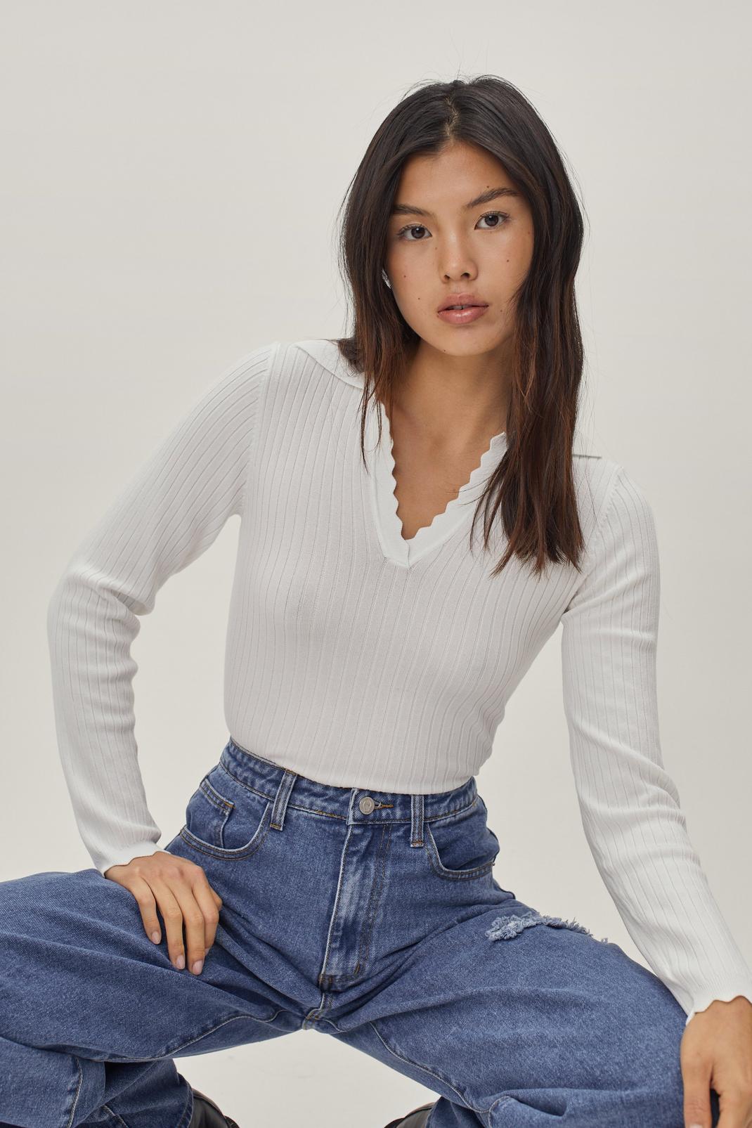 Ivory Scallop Collar Knitted Ribbed Jumper image number 1