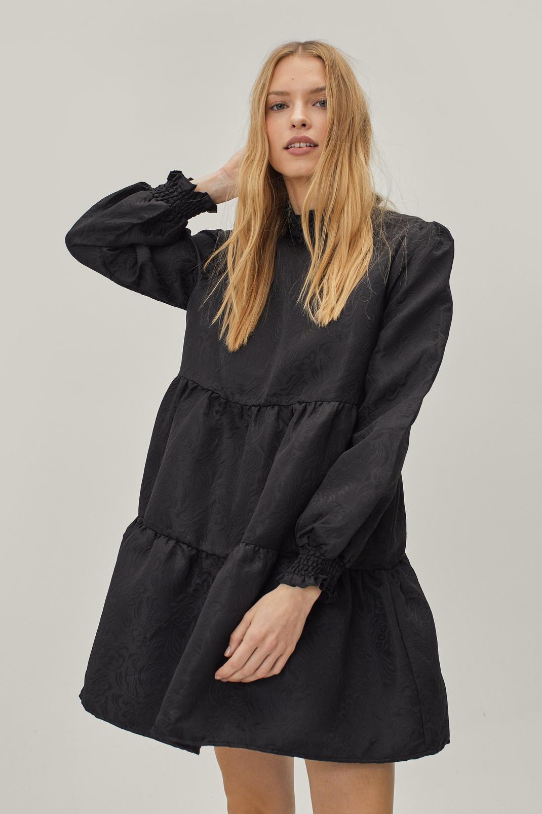 Robe ample à smocks en jacquard à motifs, Black image number 1