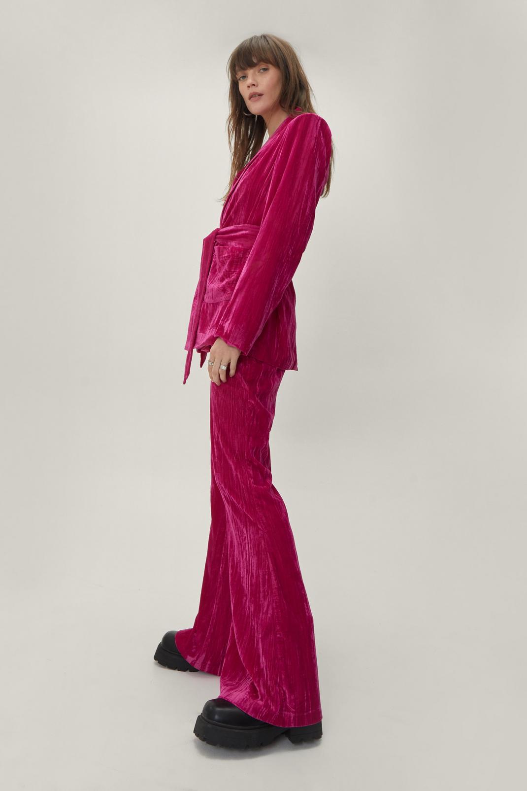 Hot pink Crushed Velvet High Waisted Flared Trousers image number 1