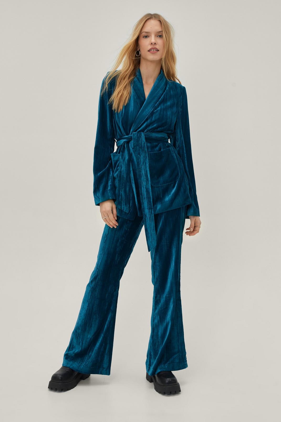 Teal Crushed Velvet High Waisted Flared Trousers image number 1