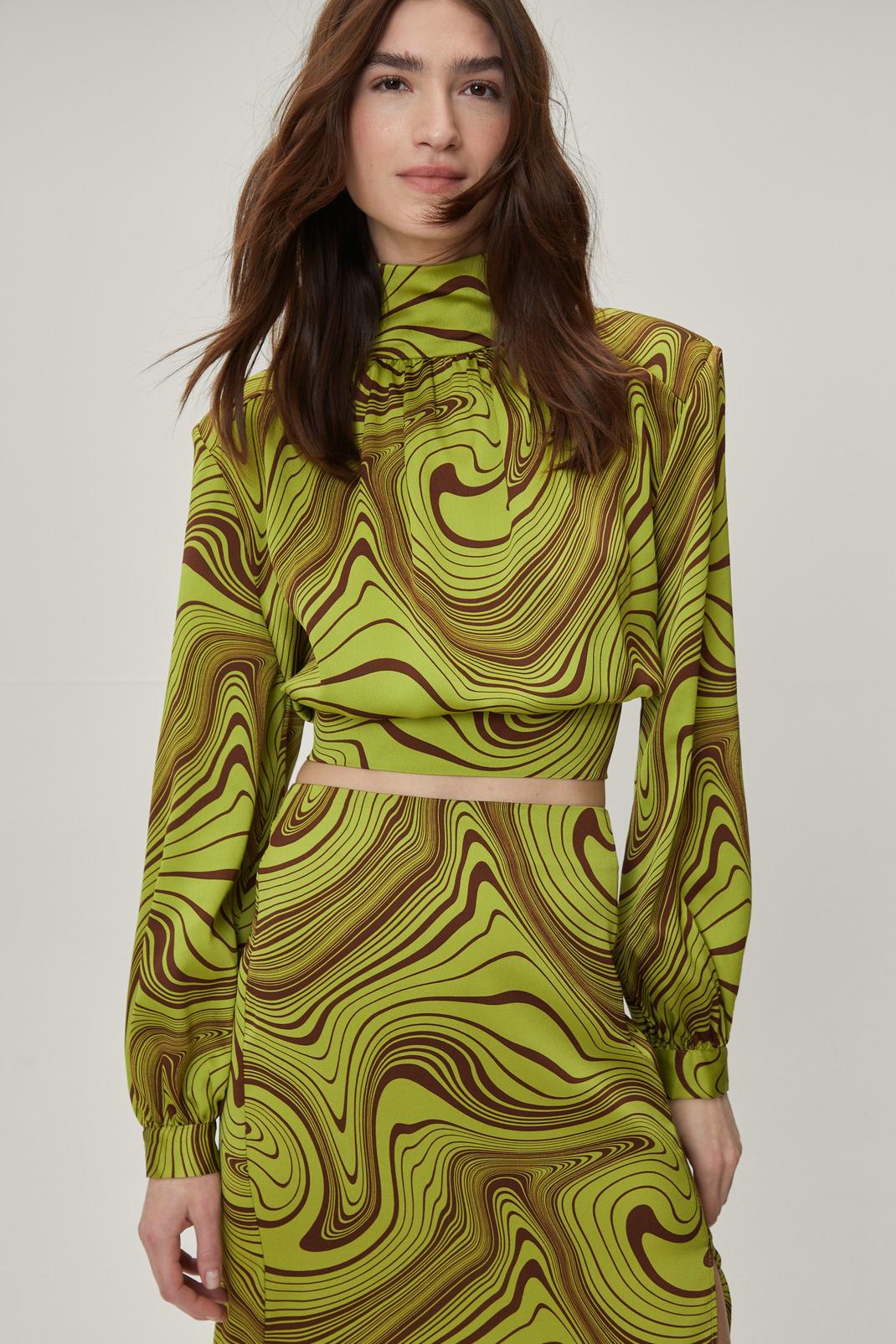 Lime Retro Wave Print High Neck Long Sleeve Top image number 1