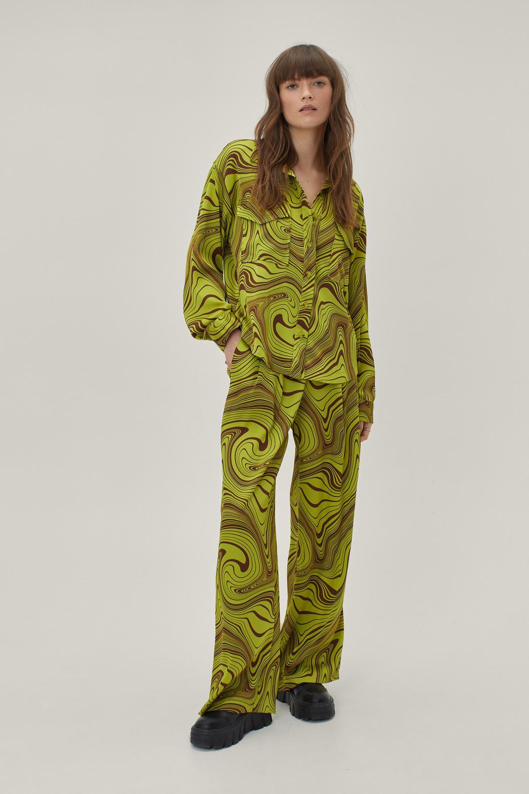 Lime Retro Wave Print Oversized Wide Leg Co Ord Trousers image number 1