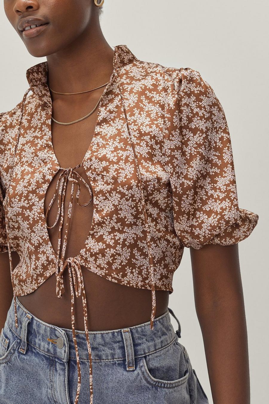 Ditsy Satin Tie Detail Cut Out Crop Top