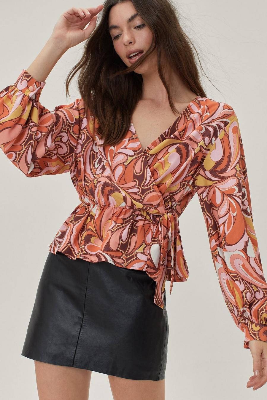 Abstract Print Long Sleeve Wrap Top