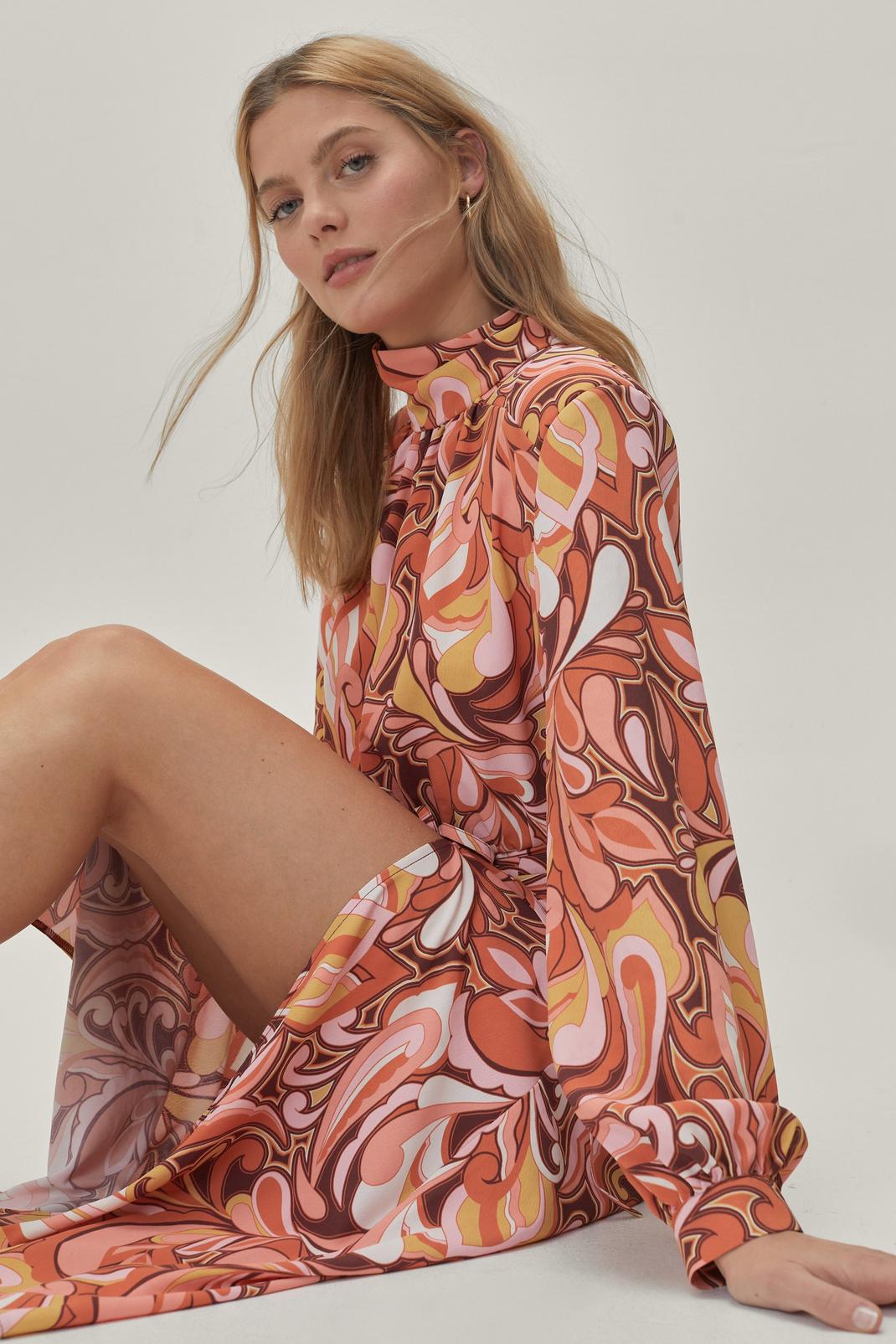 Multi Abstract Print High Neck Midi Dress image number 1