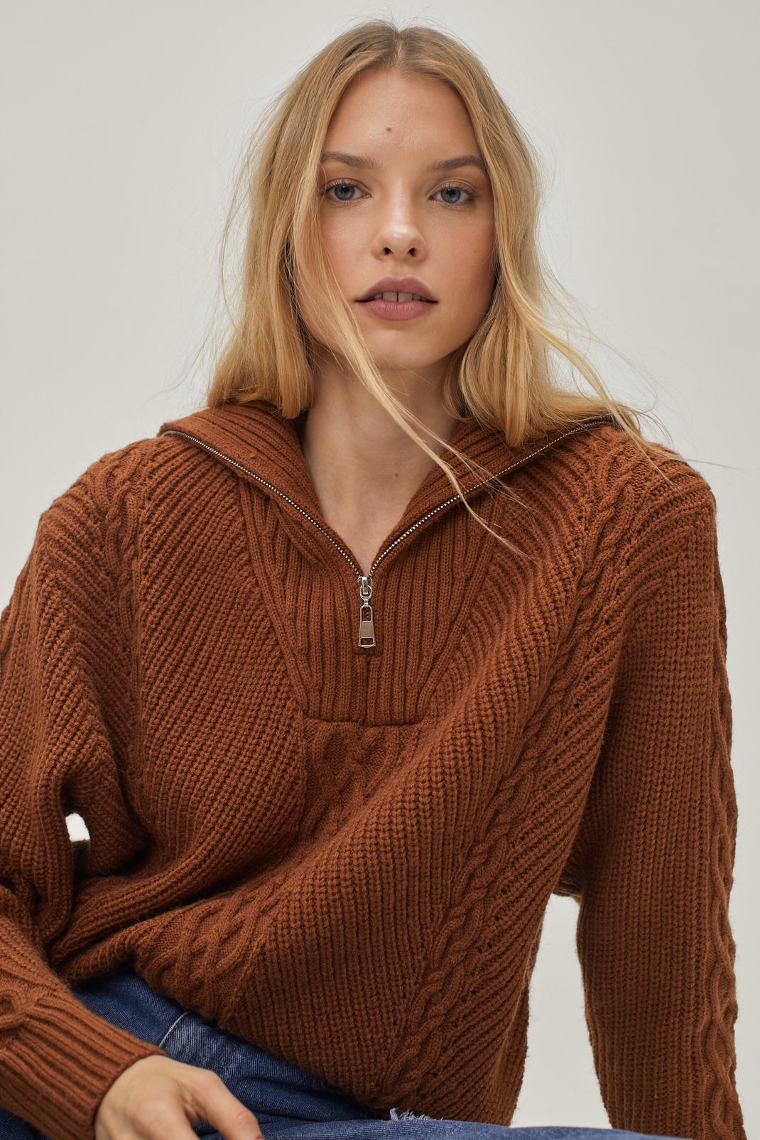 Chocolate Quarter Zip Cable Knit Slouchy Jumper image number 1