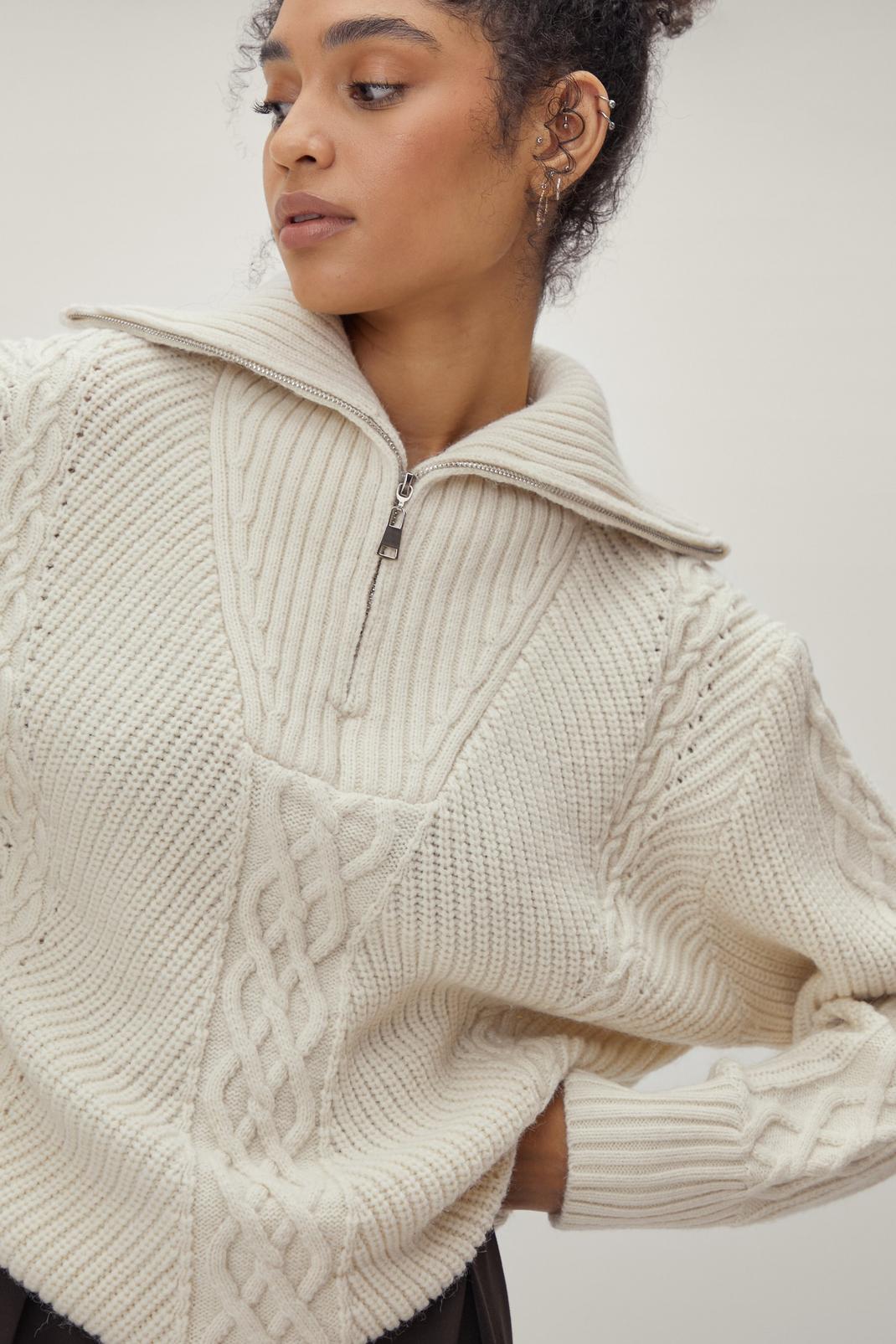 Cream Quarter Zip Cable Knit Slouchy Jumper image number 1