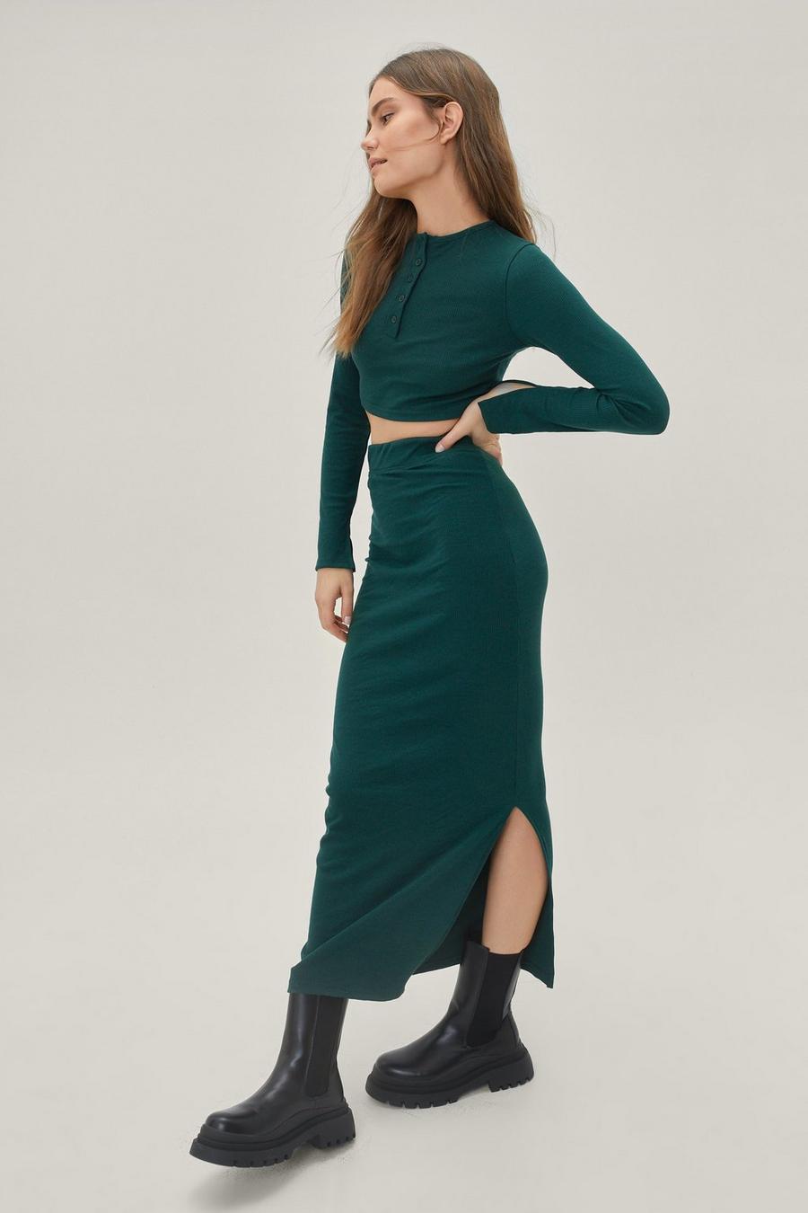 Button Down Ribbed Long Sleeve Top and Midaxi Skirt