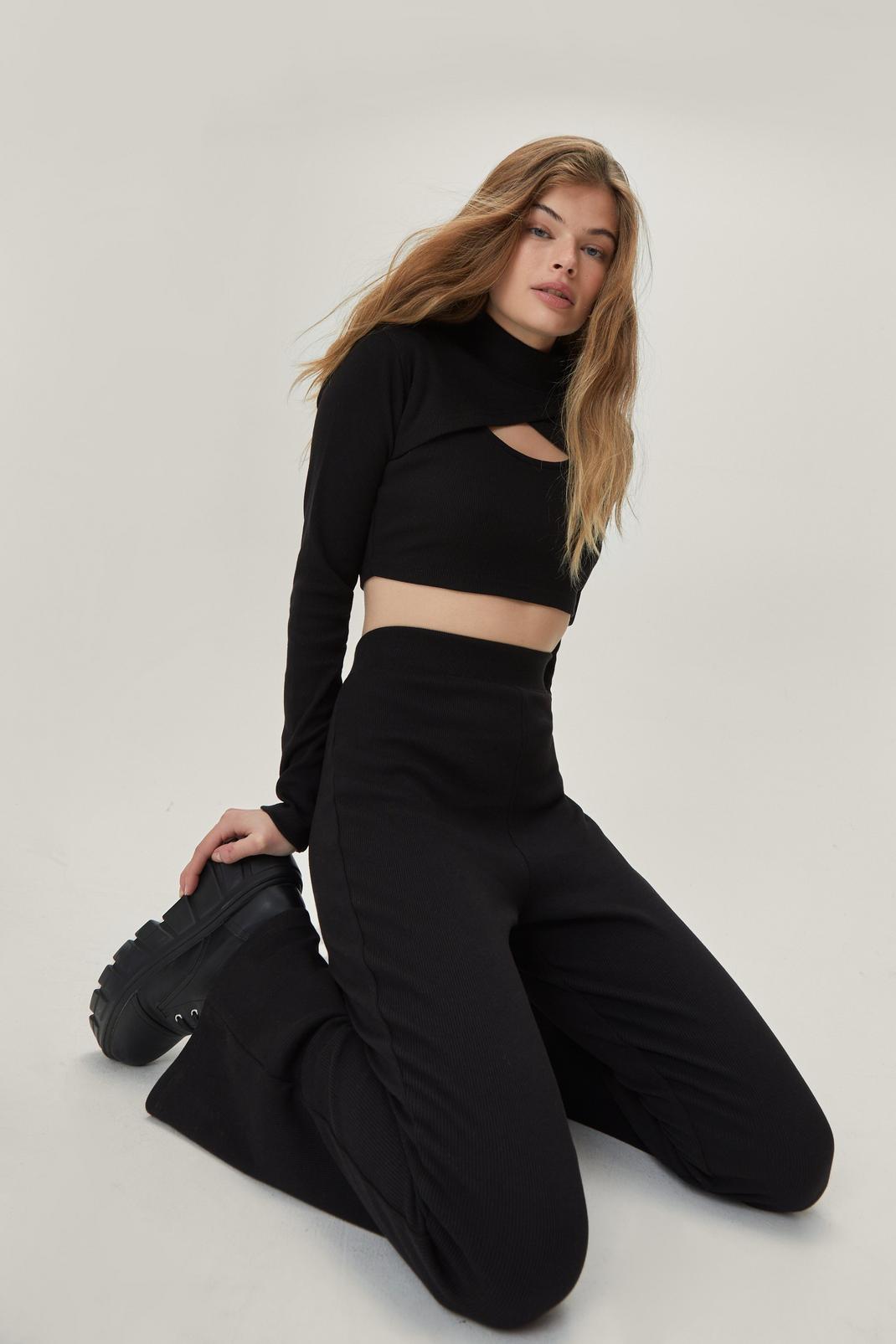 Black Wrap Crop Top and Flares Co Ord image number 1
