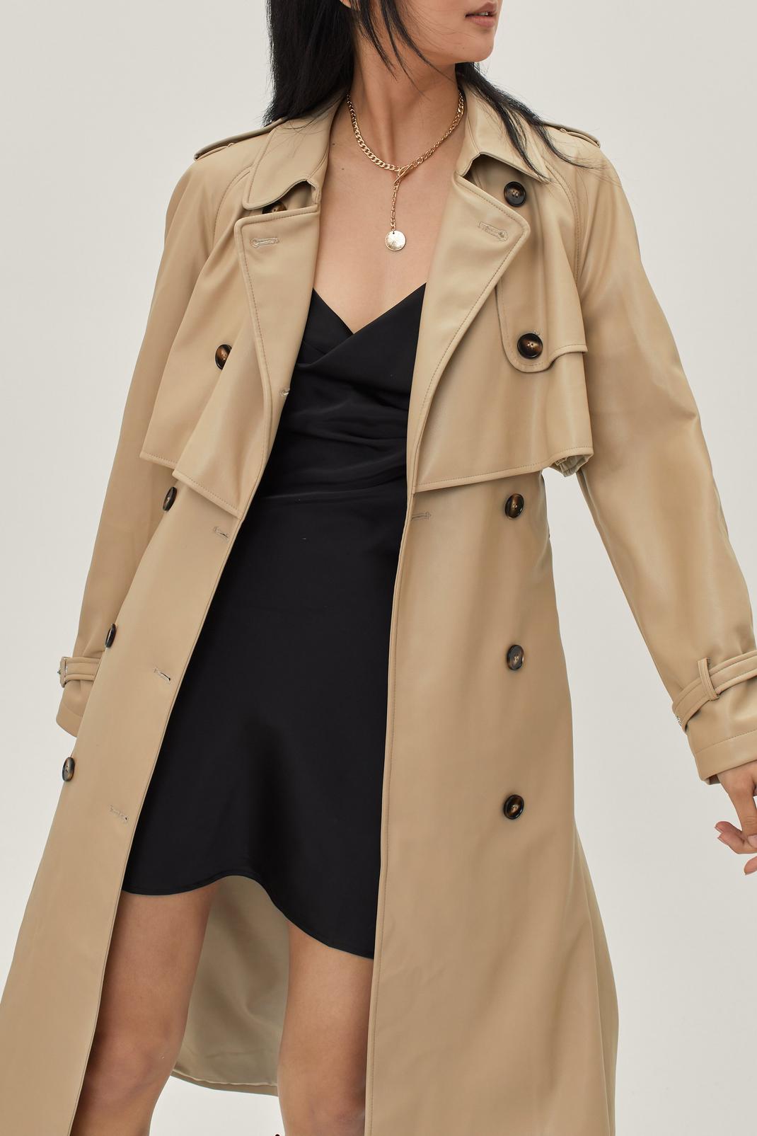Beige Faux Leather Button Down Longline Trench Coat image number 1