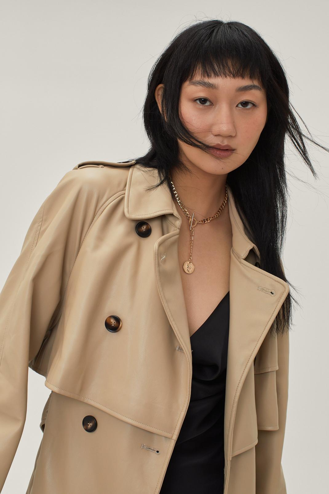 103 Faux Leather Button Down Longline Trench Coat image number 2