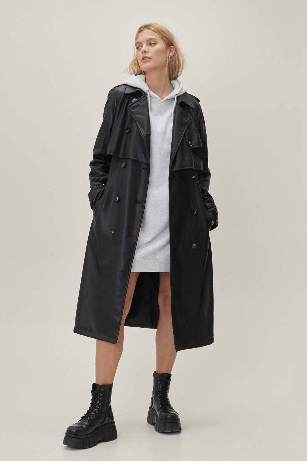 Black Faux Leather Button Down Longline Trench Coat image number 1